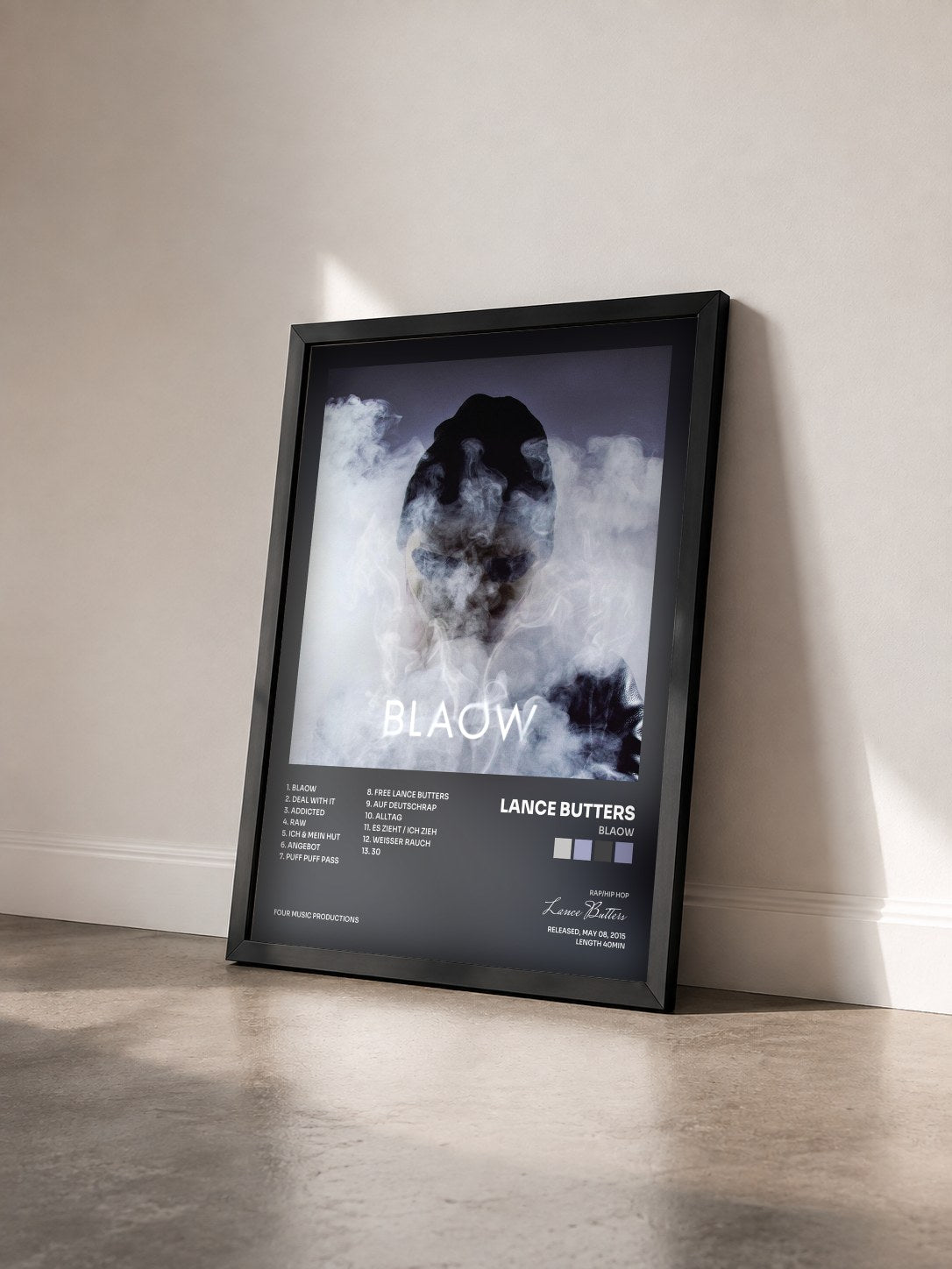#noir Tableau de l'album BLAOW de Lance Butters vu de trois quarts, cadre noir