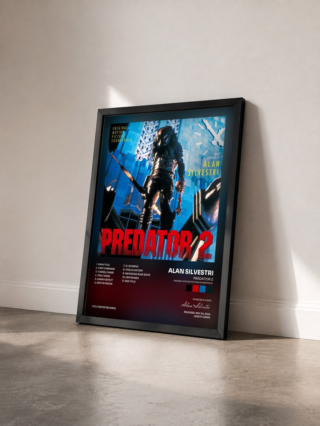 #noir Tableau de l'album Predator 2 (Original Motion Picture Soundtrack) de Alan Silvestri vu de trois quarts, cadre noir