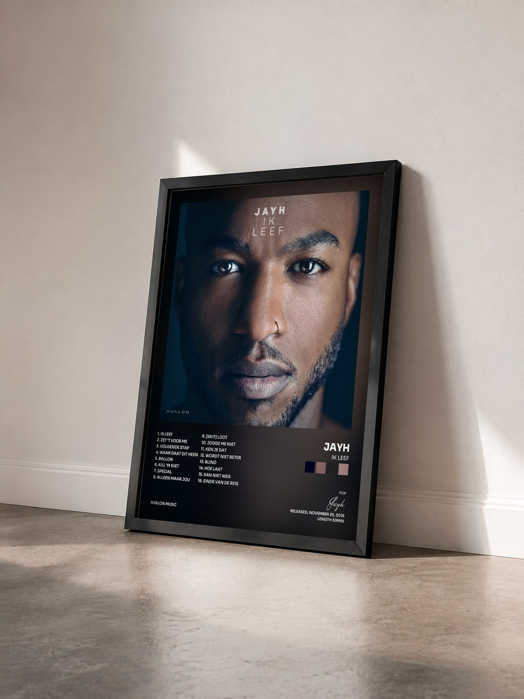 #noir Tableau de l'album Ik Leef de Jayh vu de trois quarts, cadre noir