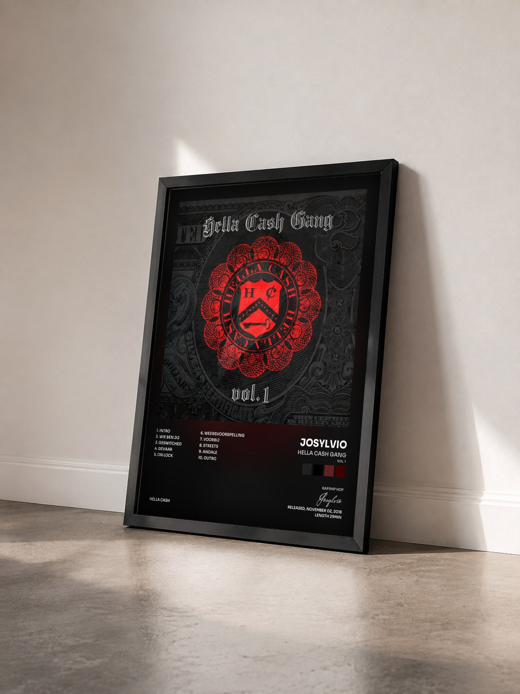#noir Tableau de l'album Hella Cash Gang (Vol. 1) de Josylvio vu de trois quarts, cadre noir