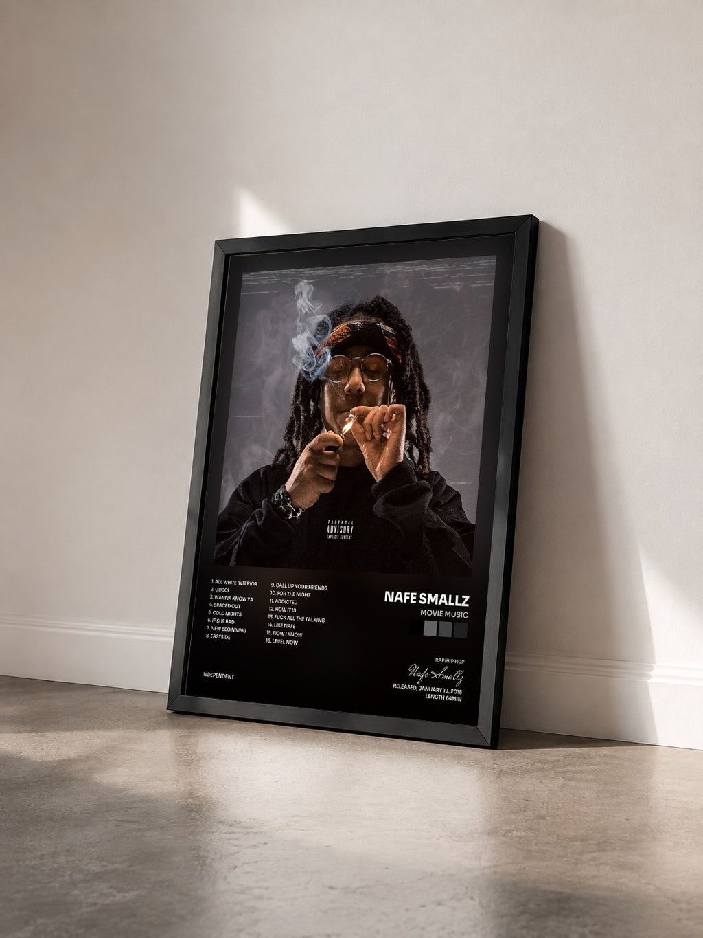 #noir Tableau de l'album Movie Music de Nafe Smallz vu de trois quarts, cadre noir