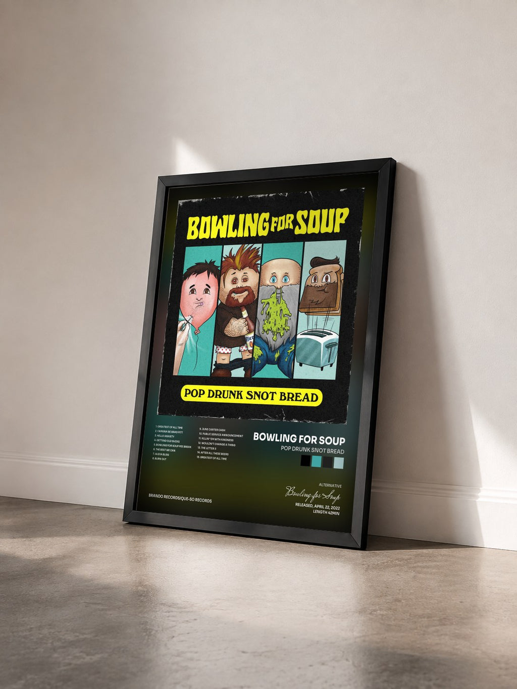 #noir Tableau de l'album Pop Drunk Snot Bread de Bowling for Soup vu de trois quarts, cadre noir