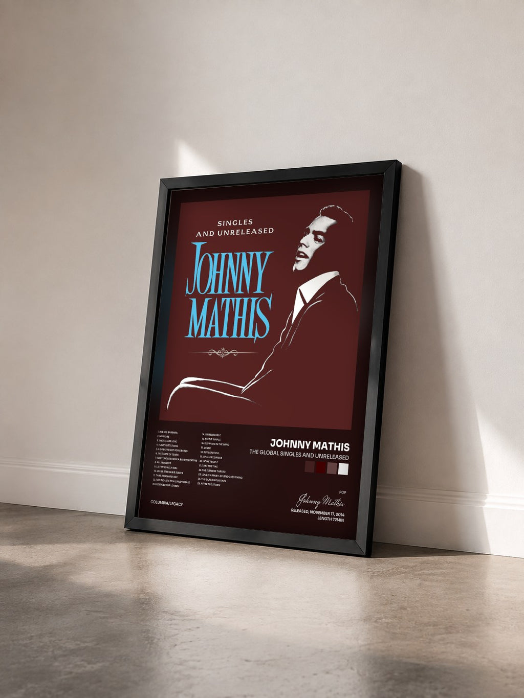 #noir Tableau de l'album The Global Singles and Unreleased de Johnny Mathis vu de trois quarts, cadre noir