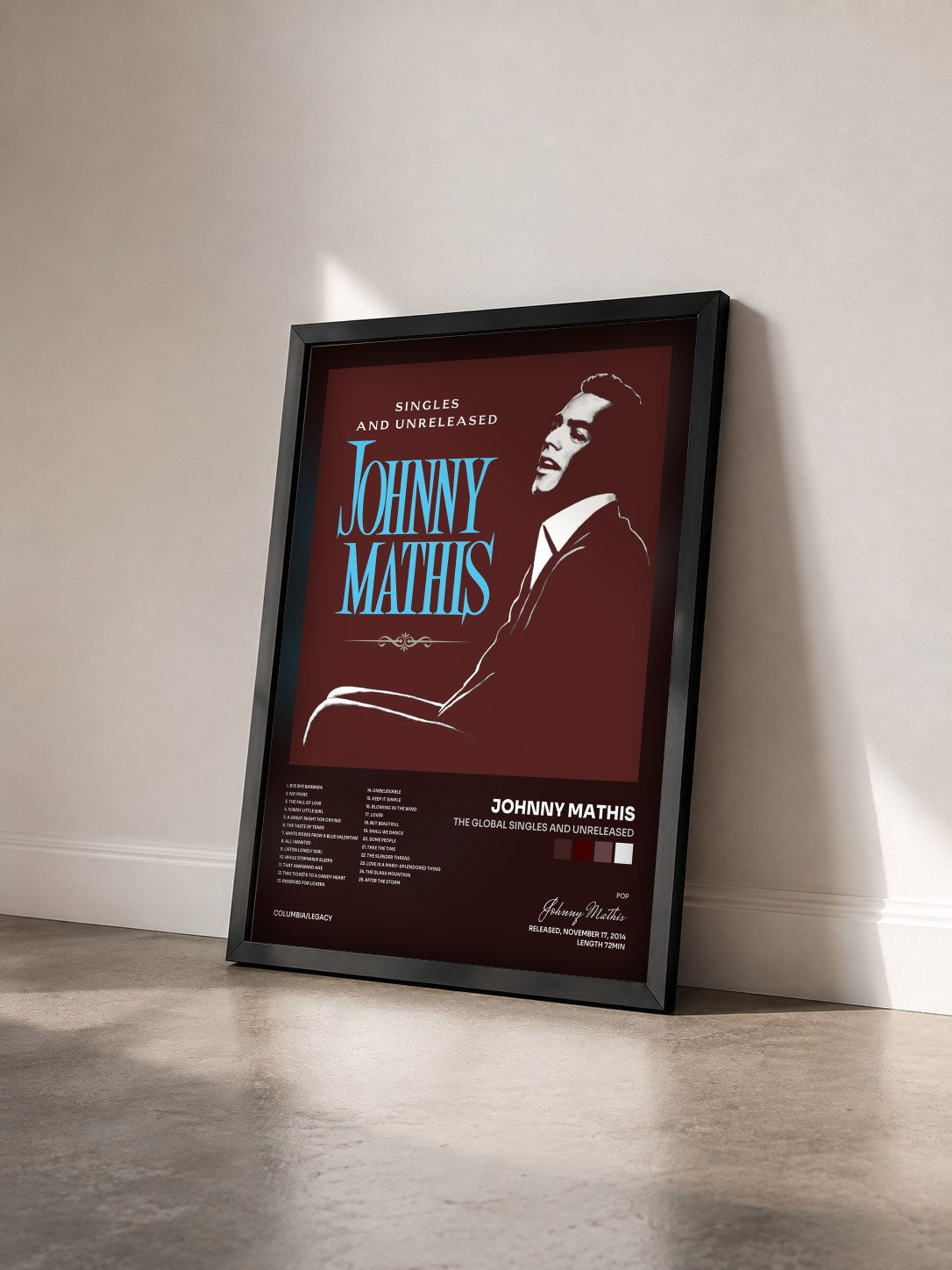 #noir Tableau de l'album The Global Singles and Unreleased de Johnny Mathis vu de trois quarts, cadre noir