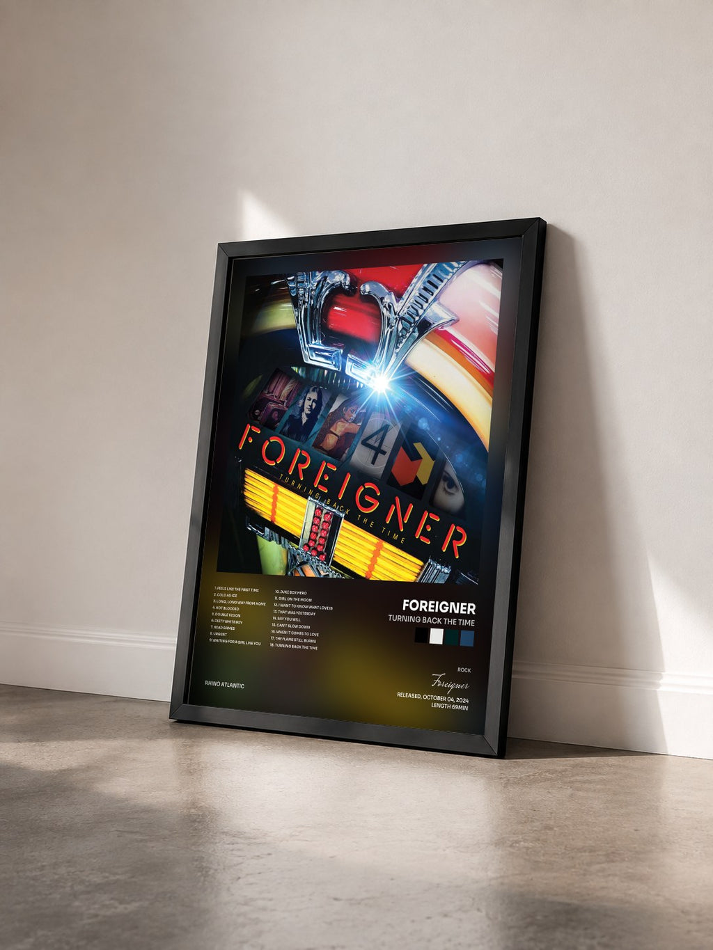 #noir Tableau de l'album Turning Back the Time de Foreigner vu de trois quarts, cadre noir