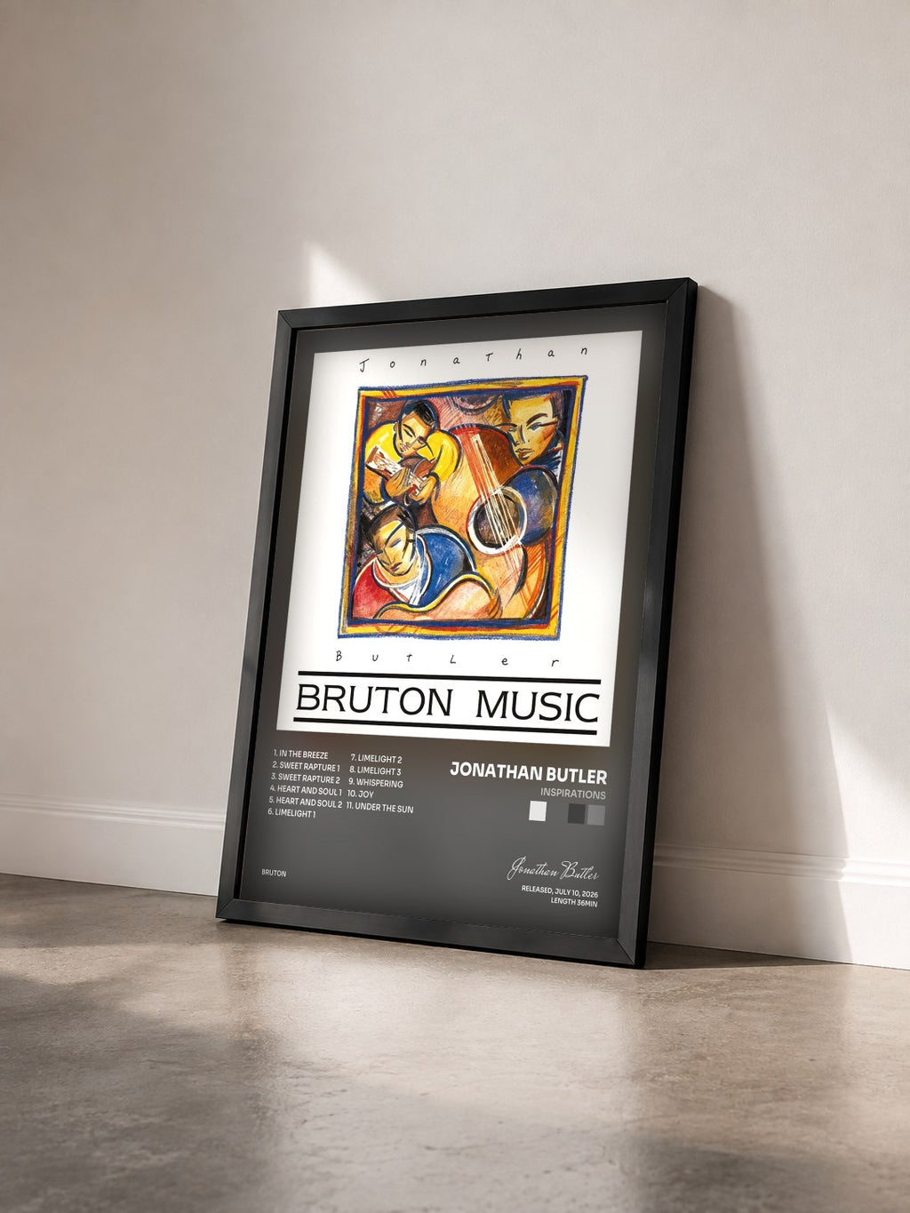 #noir Tableau de l'album Inspirations de Jonathan Butler vu de trois quarts, cadre noir
