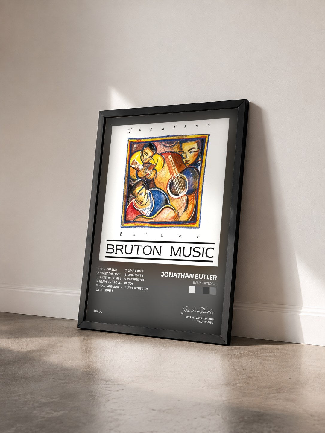#noir Tableau de l'album Inspirations de Jonathan Butler vu de trois quarts, cadre noir