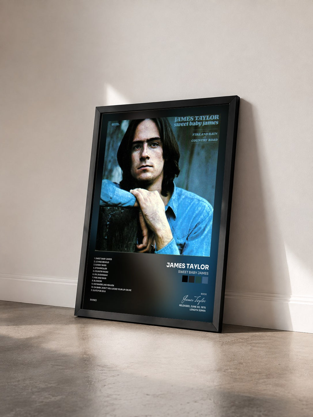 #noir Tableau de l'album Sweet Baby James de James Taylor vu de trois quarts, cadre noir