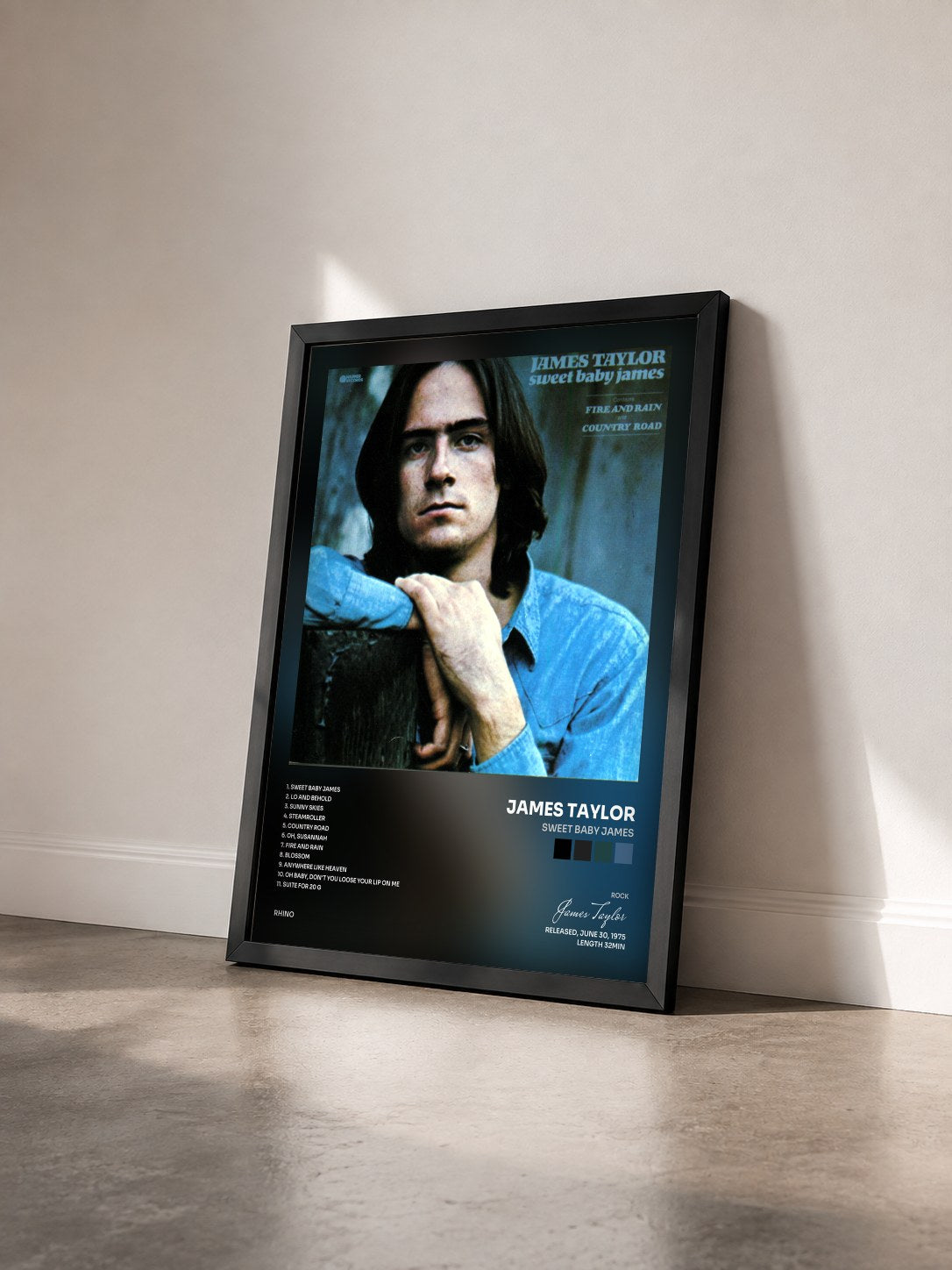 #noir Tableau de l'album Sweet Baby James de James Taylor vu de trois quarts, cadre noir
