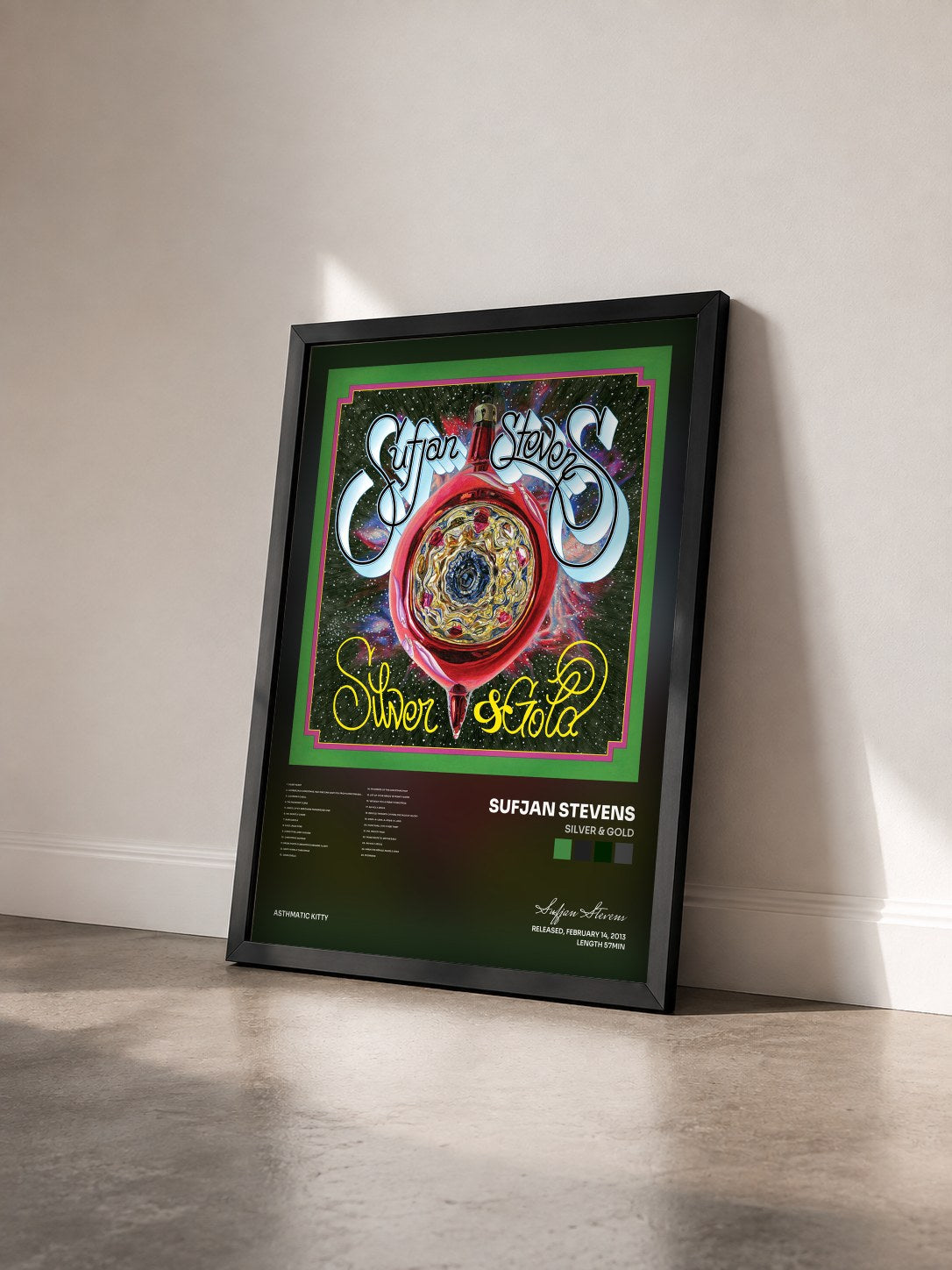 #noir Tableau de l'album Silver & Gold de Sufjan Stevens vu de trois quarts, cadre noir