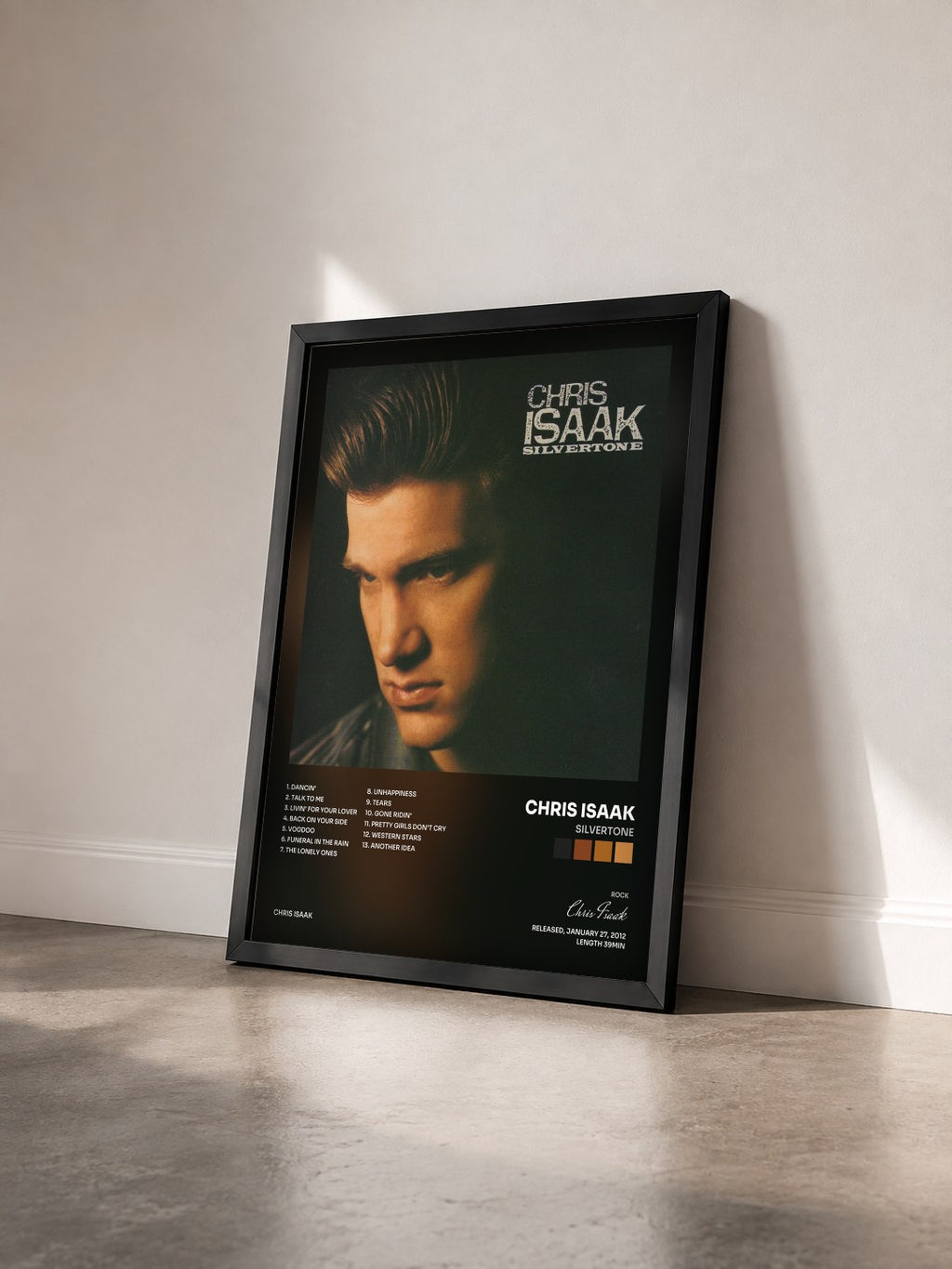 #noir Tableau de l'album Silvertone de Chris Isaak vu de trois quarts, cadre noir