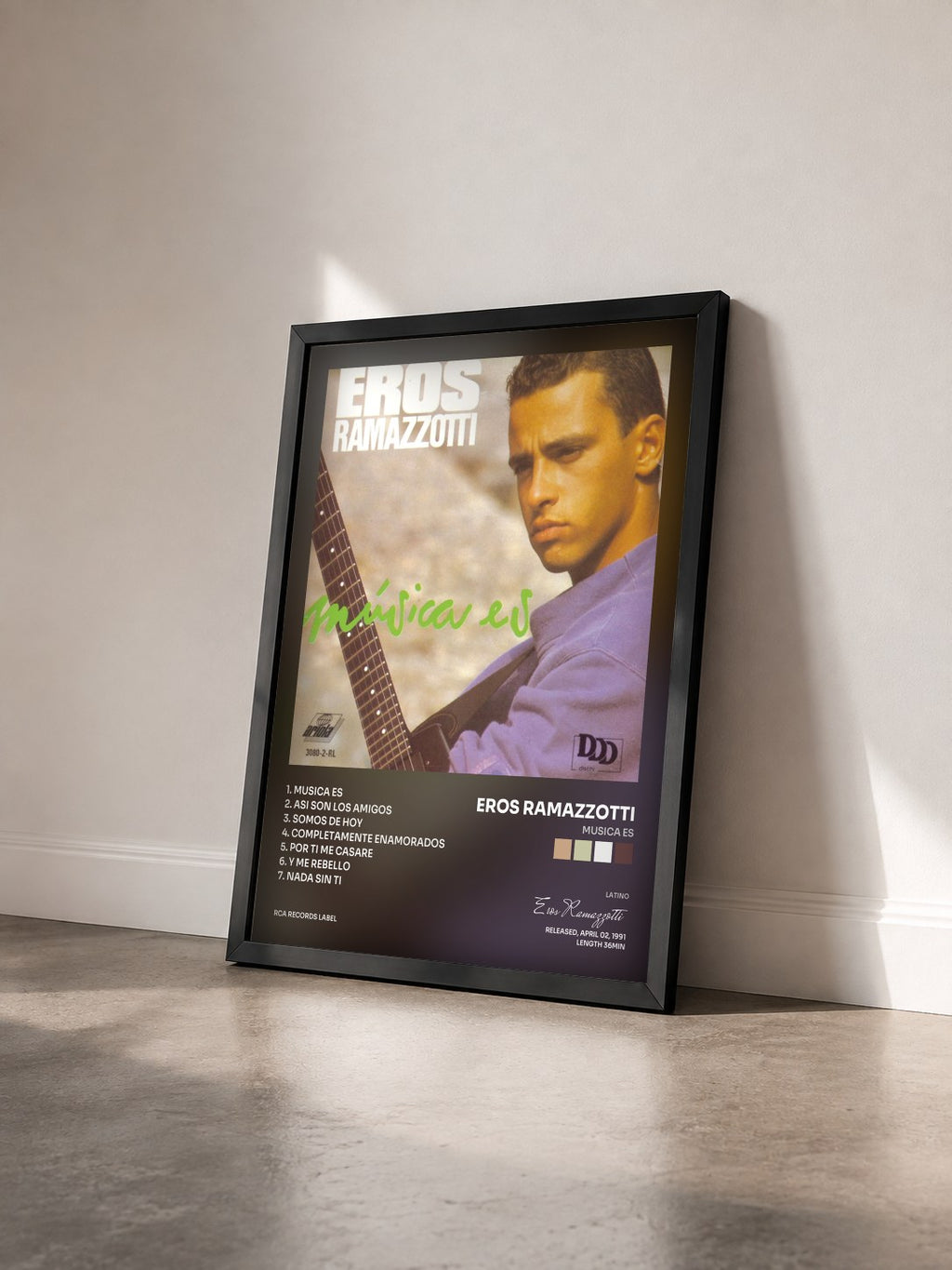 #noir Tableau de l'album Musica Es de Eros Ramazzotti vu de trois quarts, cadre noir