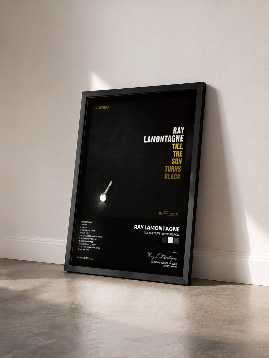 #noir Tableau de l'album Till The Sun Turns Black de Ray LaMontagne vu de trois quarts, cadre noir