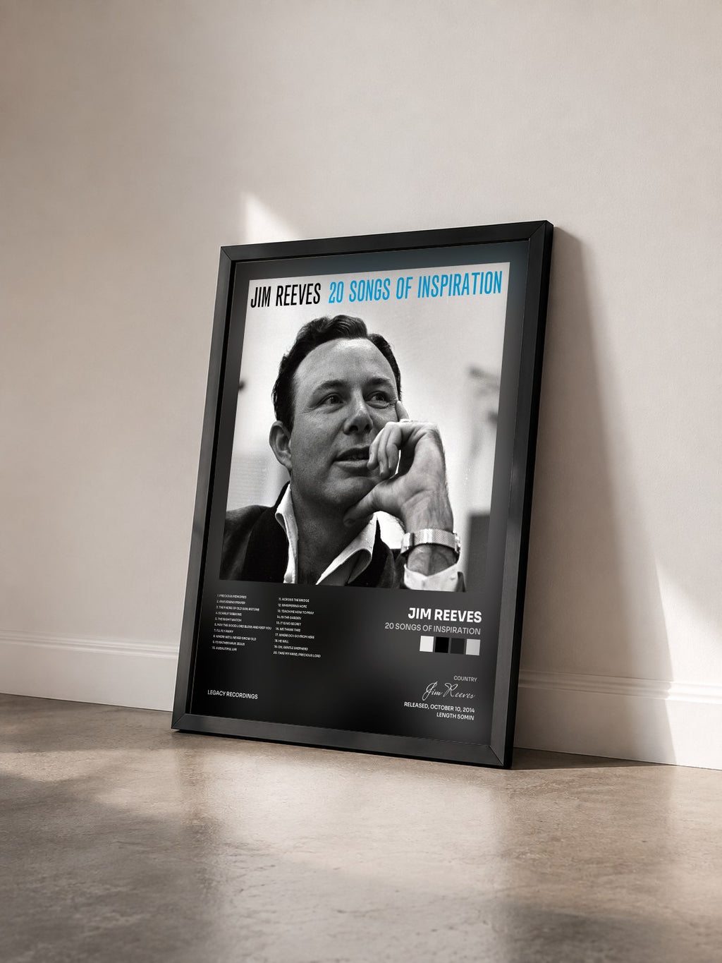 #noir Tableau de l'album 20 Songs of Inspiration de Jim Reeves vu de trois quarts, cadre noir