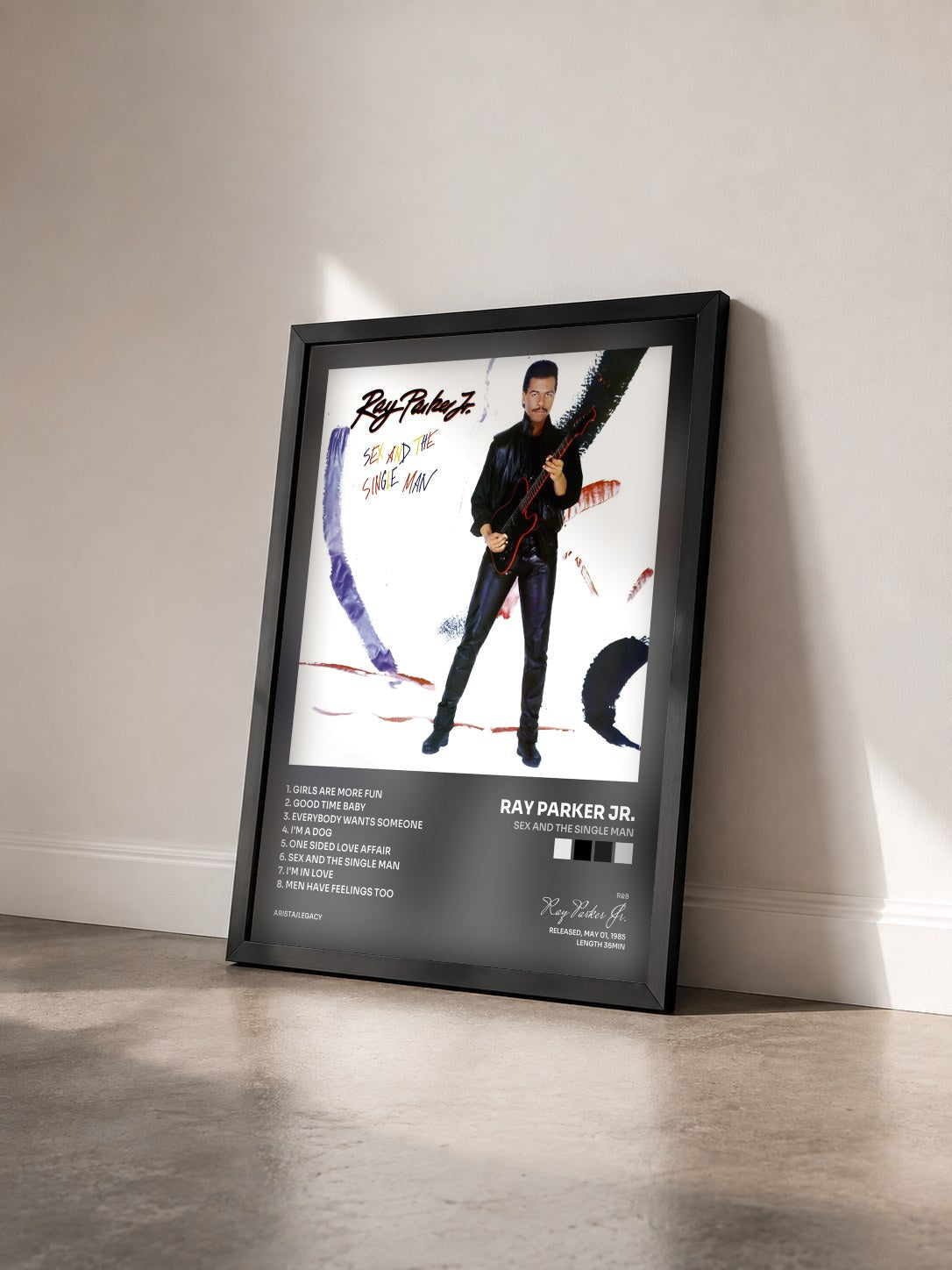 #noir Tableau de l'album Sex and the Single Man de Ray Parker Jr. vu de trois quarts, cadre noir
