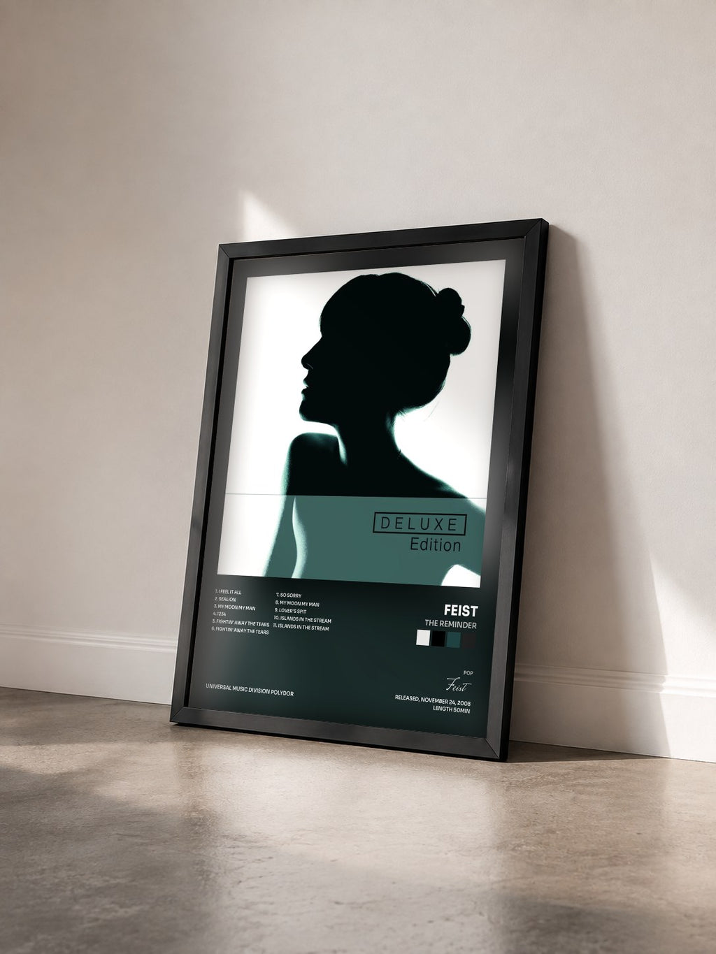 #noir Tableau de l'album The Reminder de Feist vu de trois quarts, cadre noir