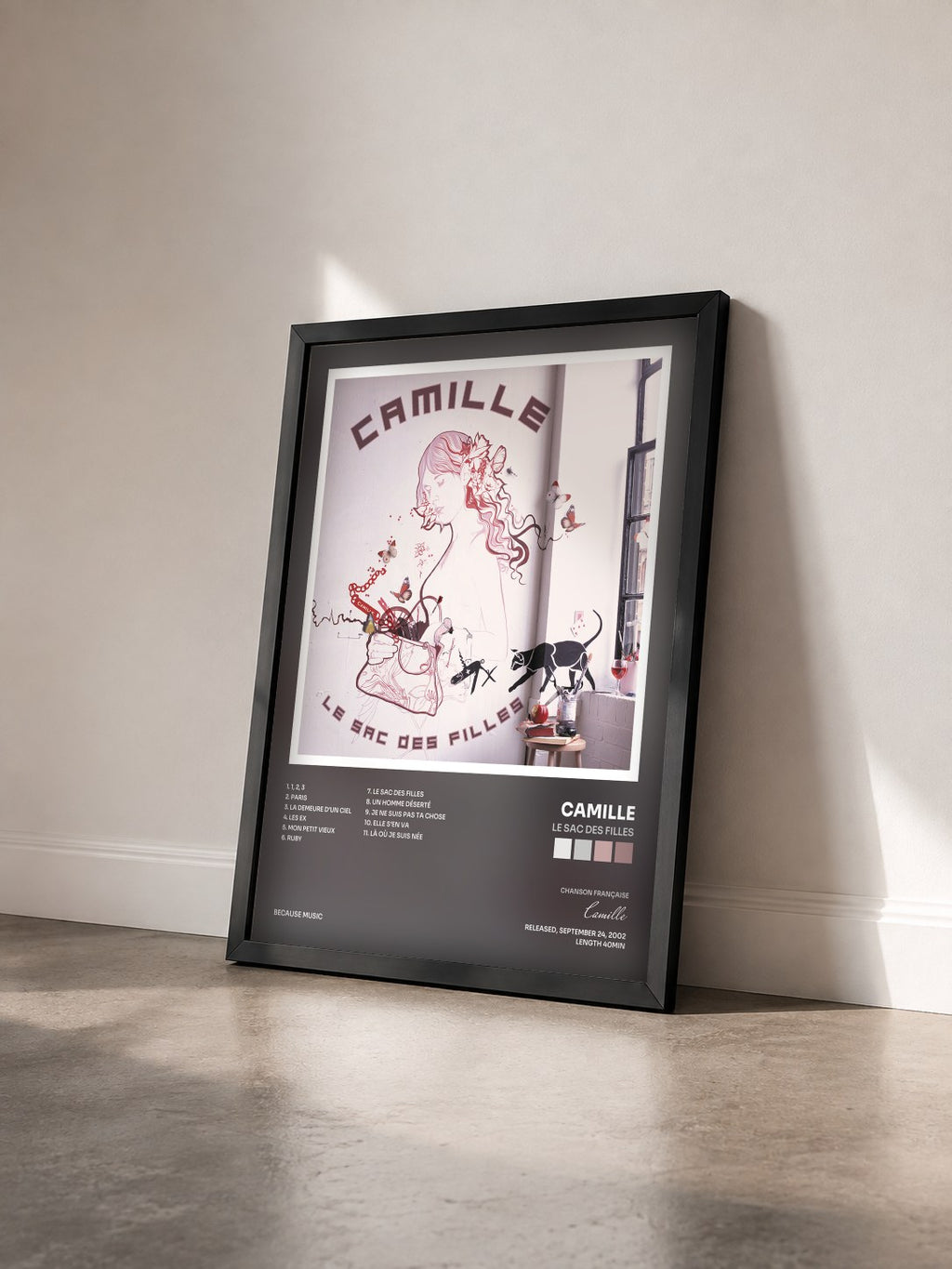#noir Tableau de l'album Le sac des filles de Camille vu de trois quarts, cadre noir