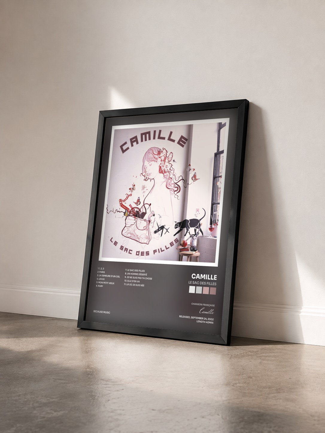 #noir Tableau de l'album Le sac des filles de Camille vu de trois quarts, cadre noir