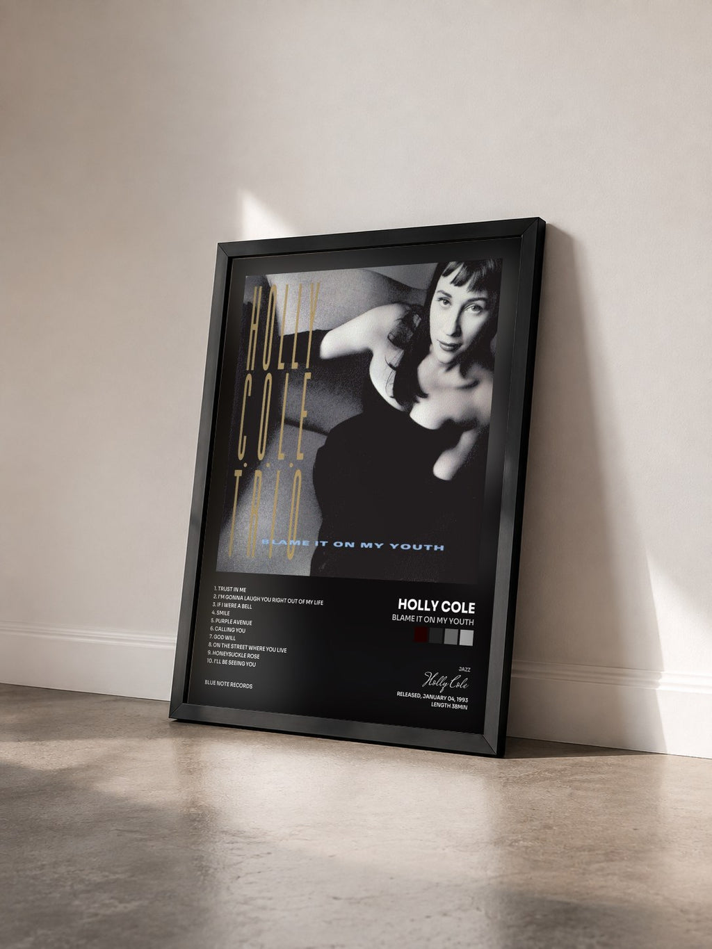 #noir Tableau de l'album Blame It On My Youth de Holly Cole vu de trois quarts, cadre noir