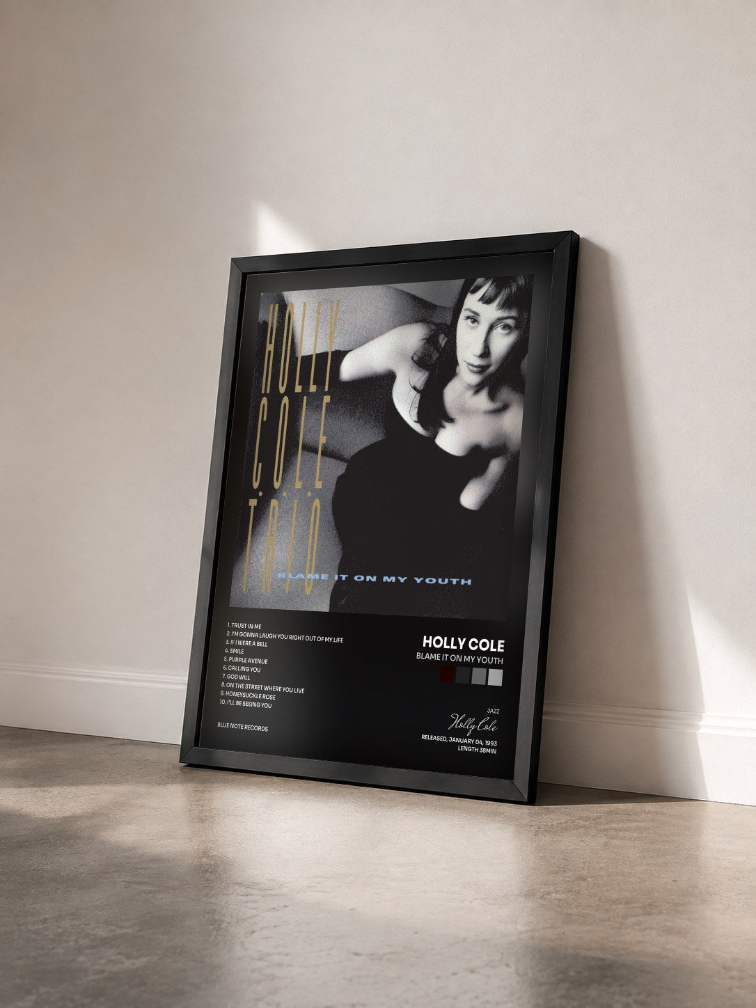 #noir Tableau de l'album Blame It On My Youth de Holly Cole vu de trois quarts, cadre noir