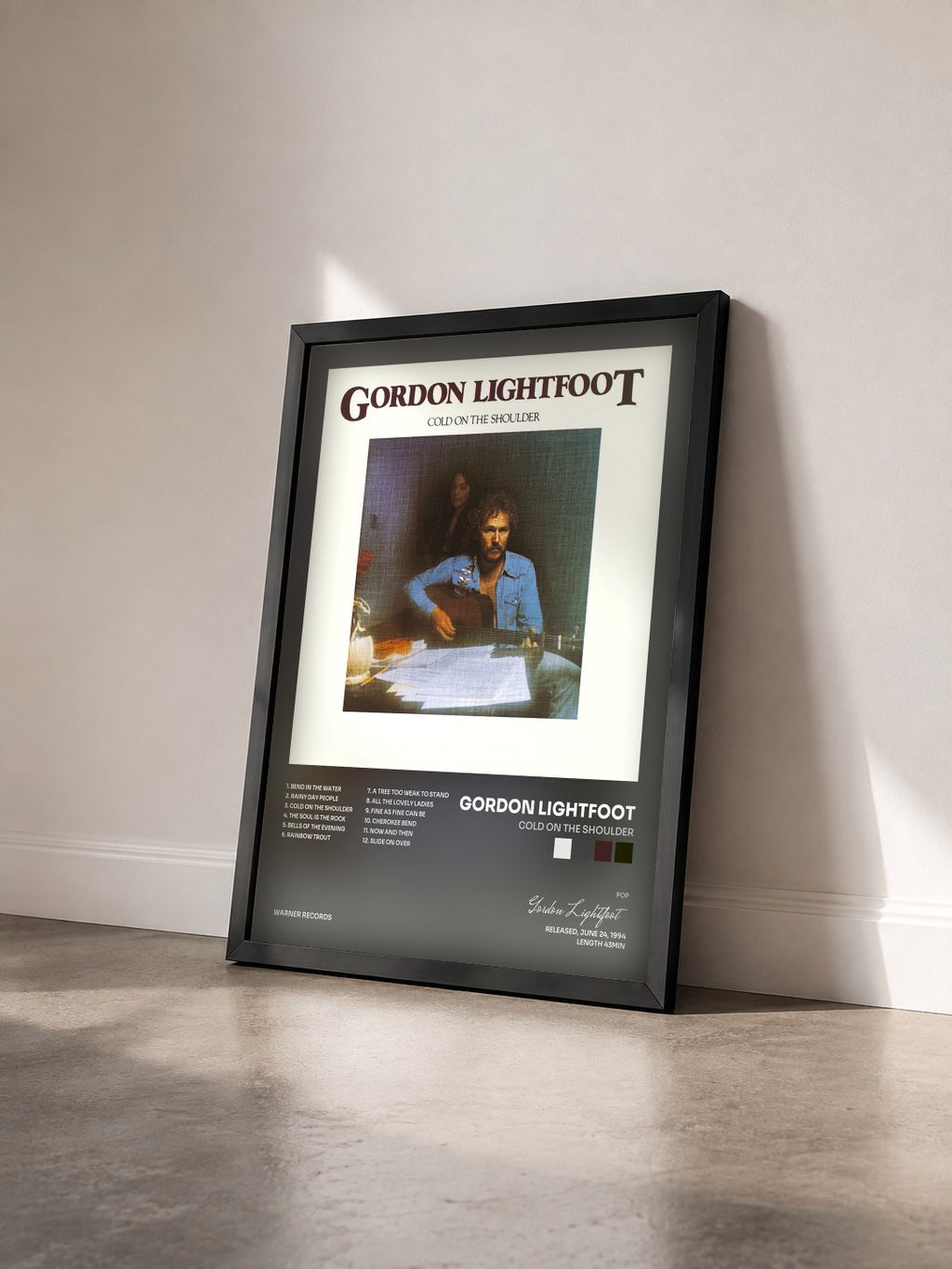 #noir Tableau de l'album Cold on the Shoulder de Gordon Lightfoot vu de trois quarts, cadre noir
