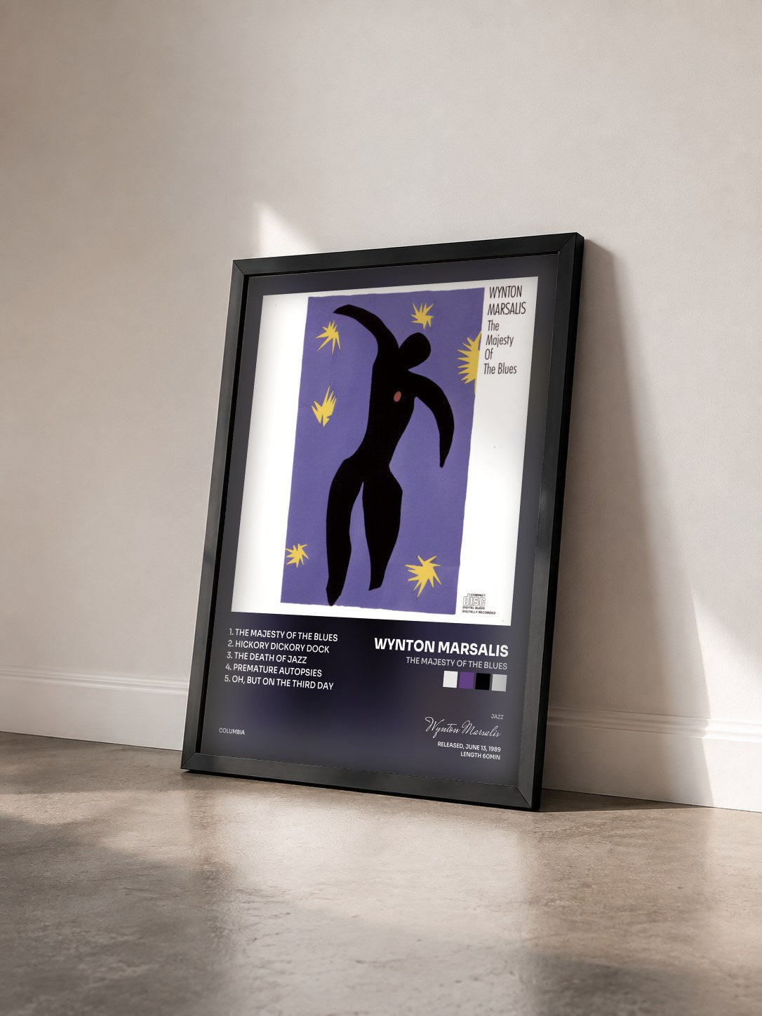 #noir Tableau de l'album The Majesty Of The Blues de Wynton Marsalis vu de trois quarts, cadre noir
