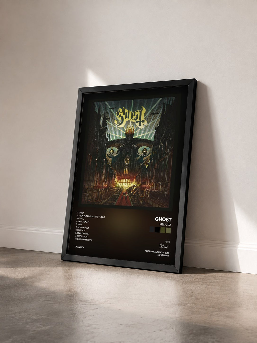 #noir Tableau de l'album Meliora de Ghost vu de trois quarts, cadre noir