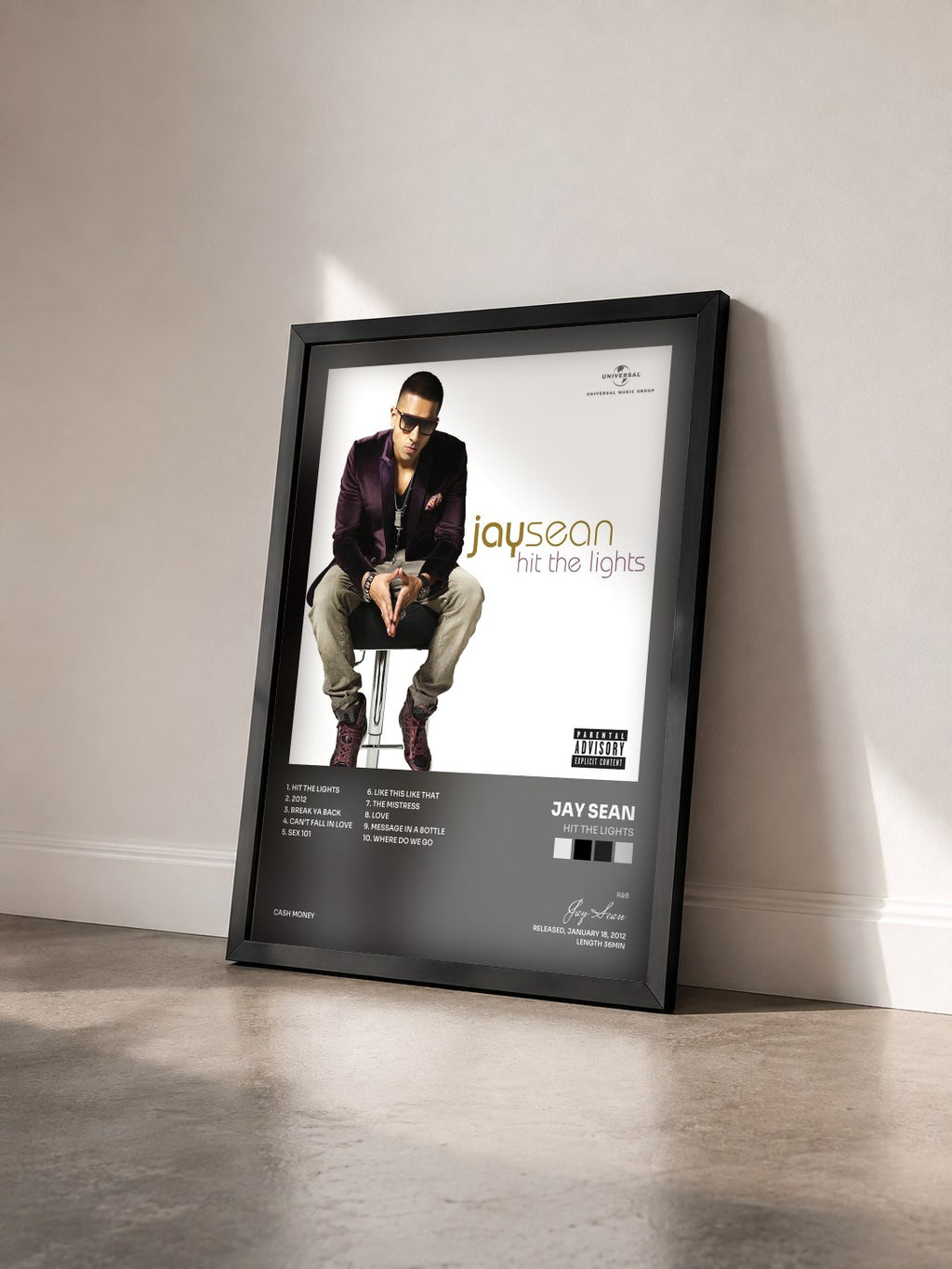 #noir Tableau de l'album Hit The Lights de Jay Sean vu de trois quarts, cadre noir