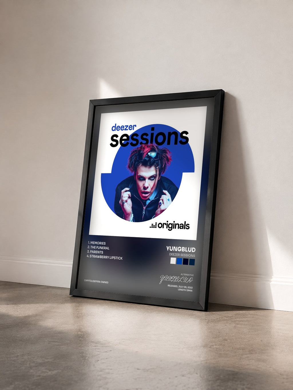 #noir Tableau de l'album Deezer Sessions de YUNGBLUD vu de trois quarts, cadre noir