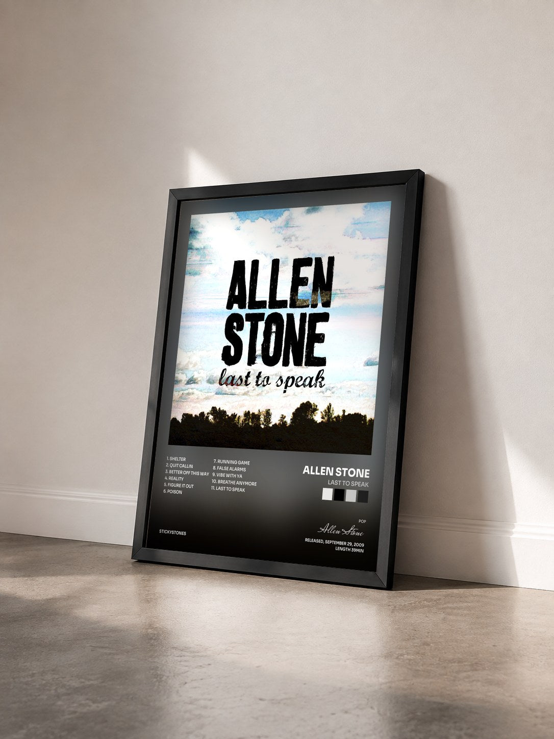 #noir Tableau de l'album Last to Speak de Allen Stone vu de trois quarts, cadre noir