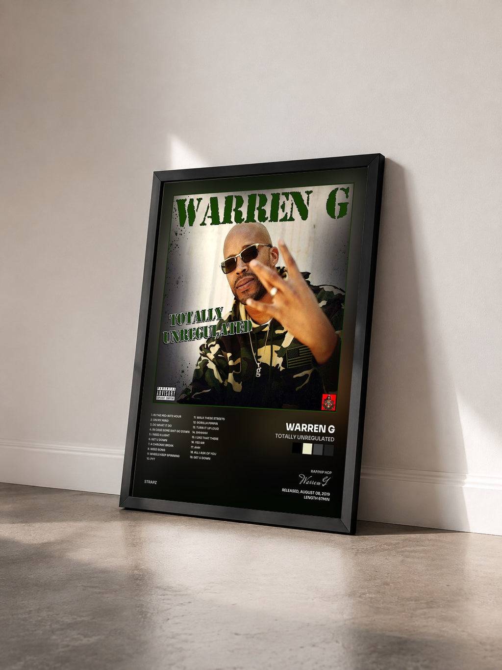 #noir Tableau de l'album Totally Unregulated de Warren G vu de trois quarts, cadre noir