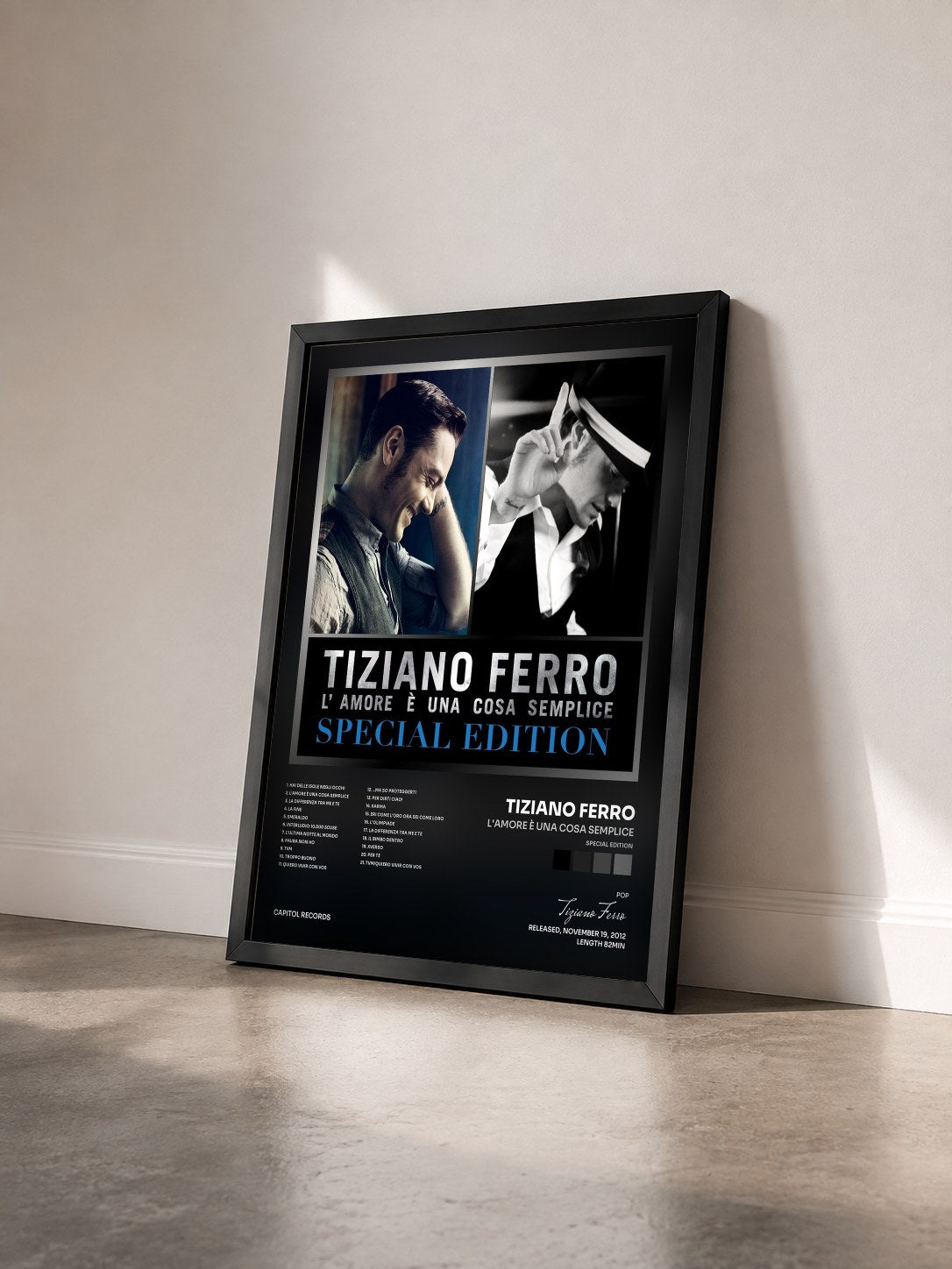 #noir Tableau de l'album L'amore è una cosa semplice (Special Edition) de Tiziano Ferro vu de trois quarts, cadre noir