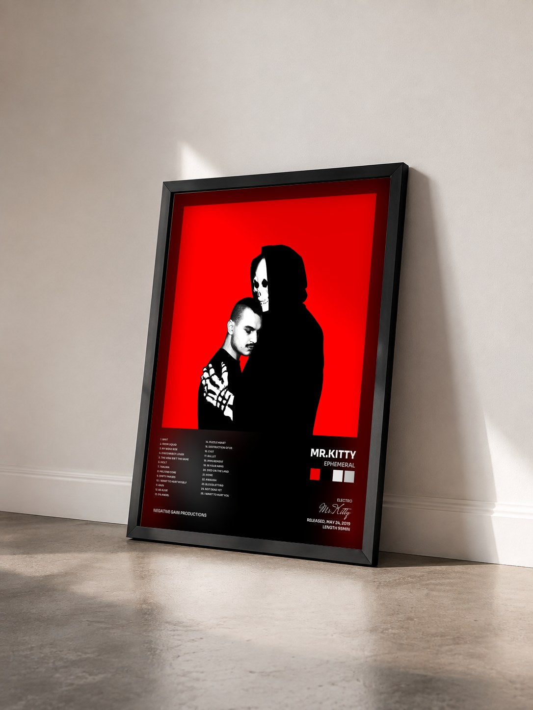 #noir Tableau de l'album Ephemeral de Mr.Kitty vu de trois quarts, cadre noir