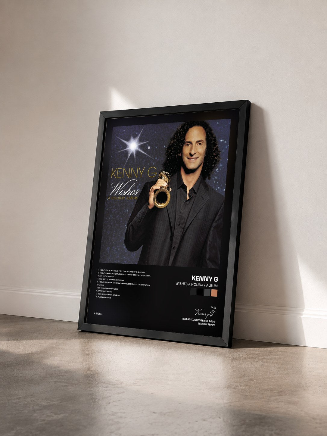 #noir Tableau de l'album Wishes A Holiday Album de Kenny G vu de trois quarts, cadre noir