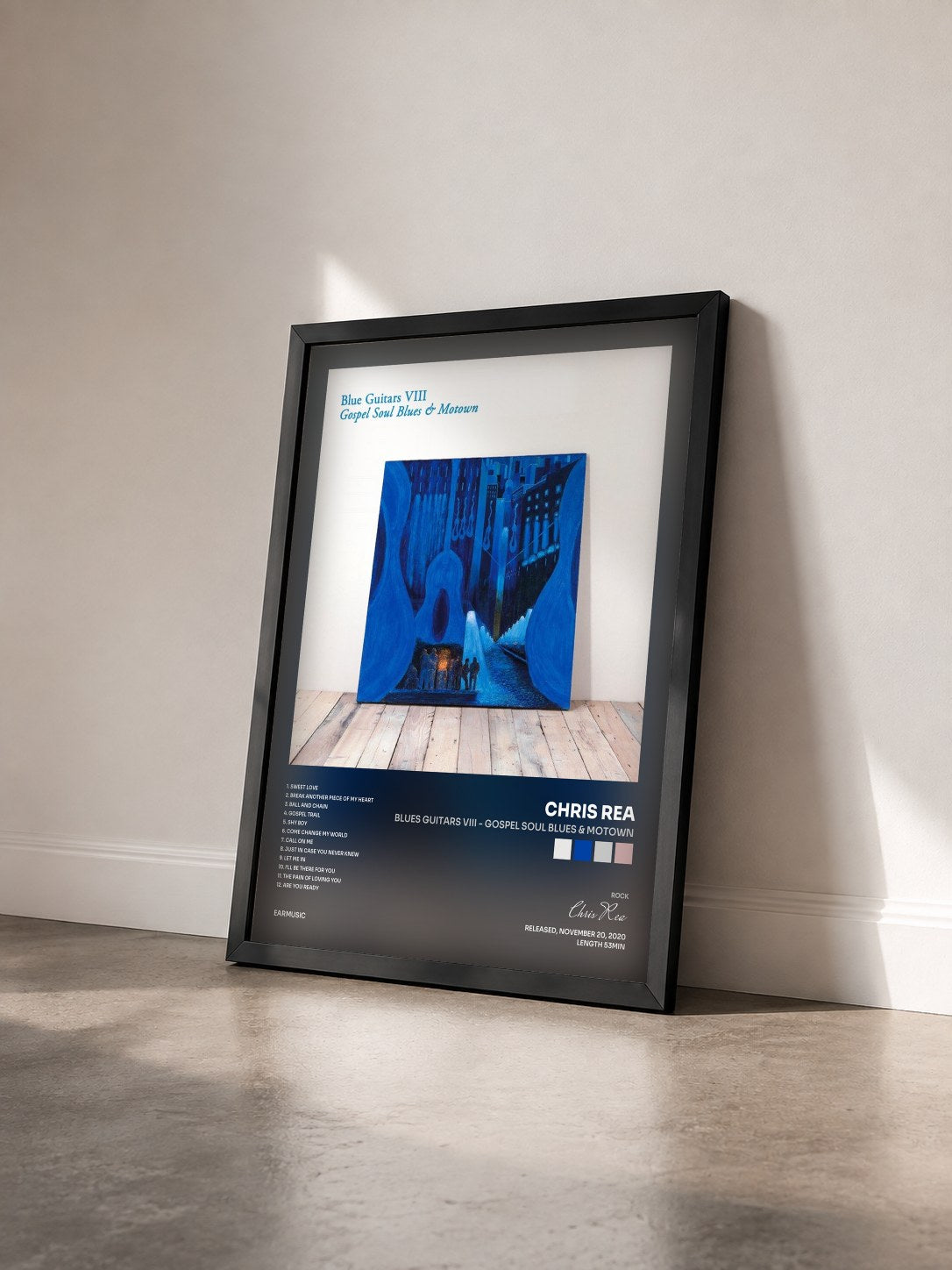 #noir Tableau de l'album Blues Guitars VIII - Gospel Soul Blues & Motown de Chris Rea vu de trois quarts, cadre noir