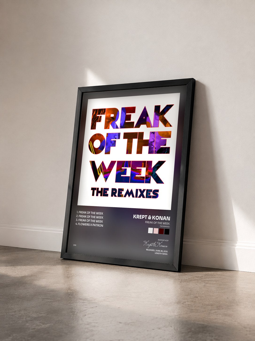 #noir Tableau de l'album Freak Of The Week (The Remixes) de Krept & Konan vu de trois quarts, cadre noir