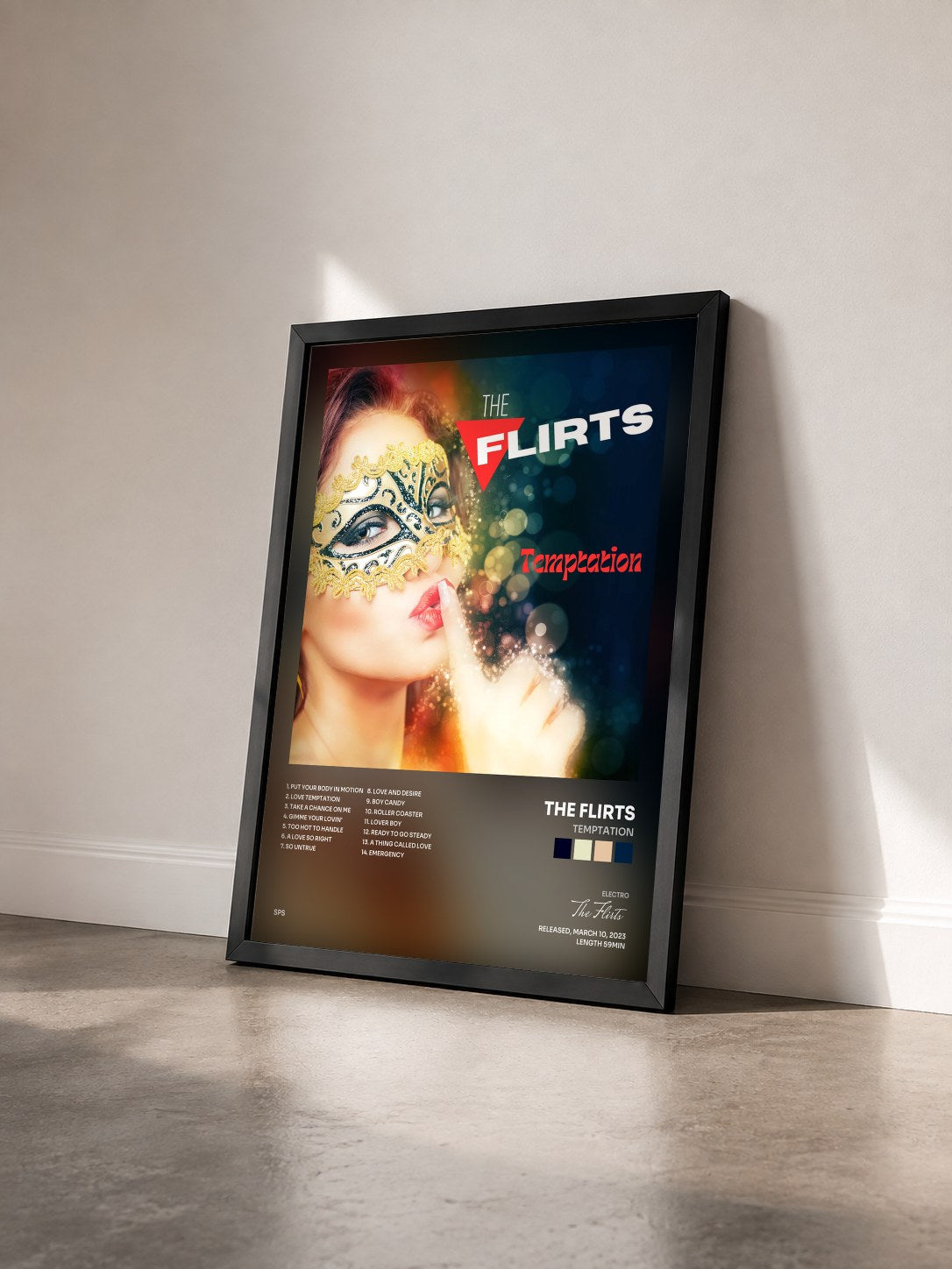 #noir Tableau de l'album Temptation de The Flirts vu de trois quarts, cadre noir