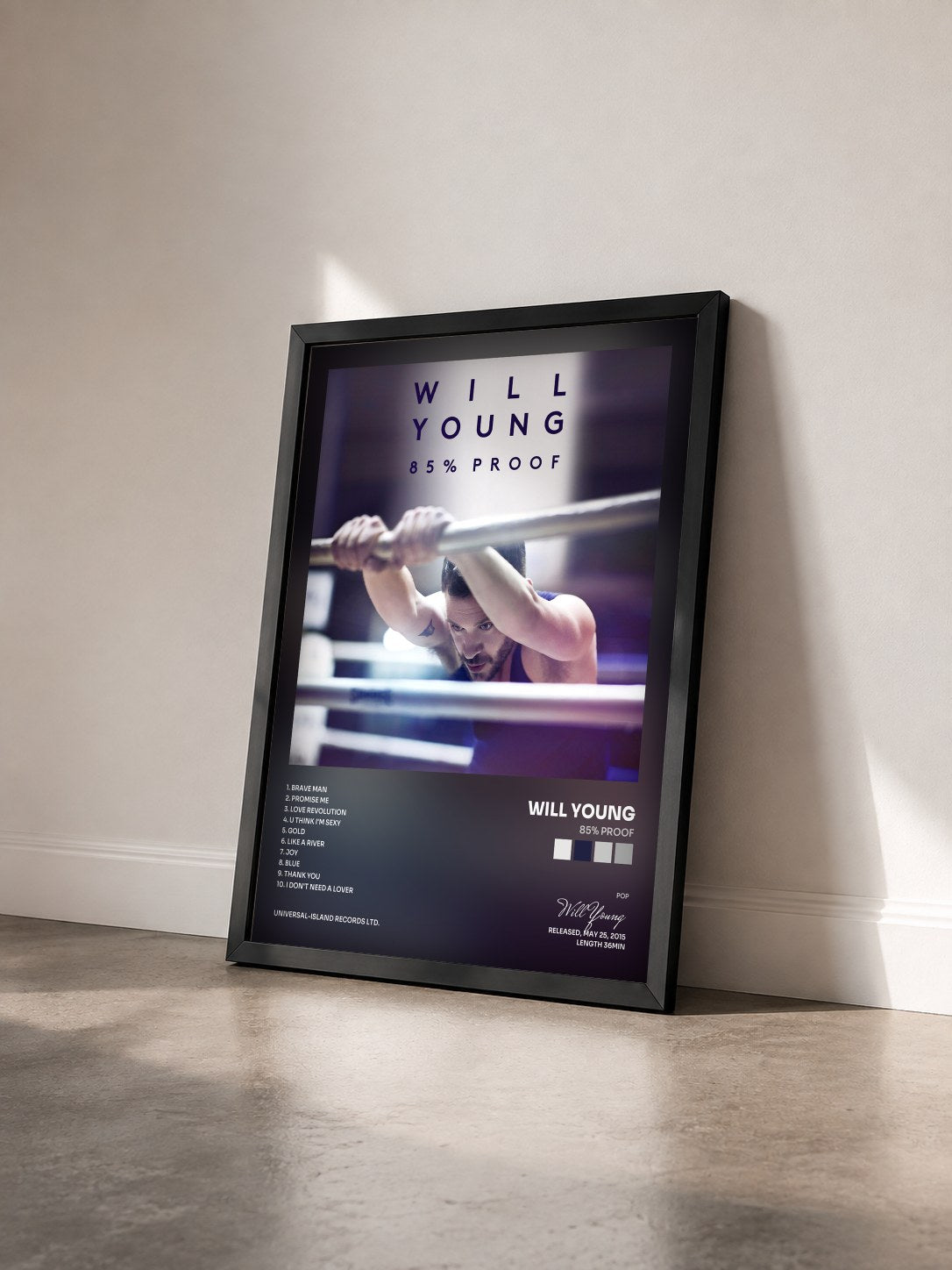 #noir Tableau de l'album 85% Proof de Will Young vu de trois quarts, cadre noir