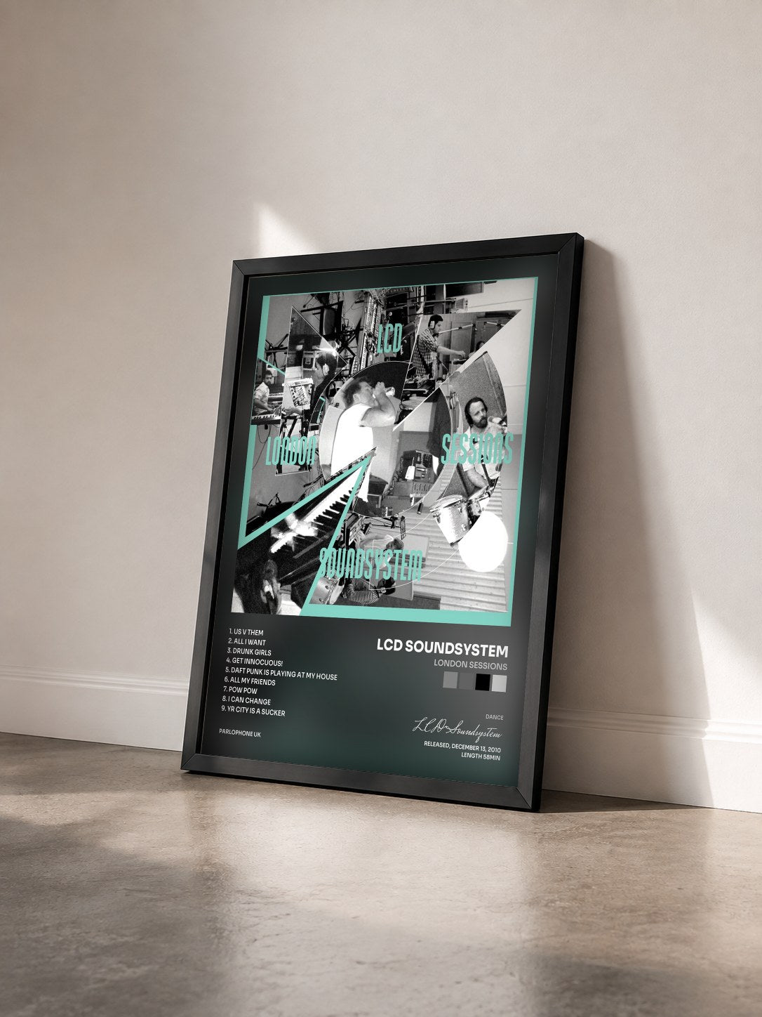 #noir Tableau de l'album London Sessions de LCD Soundsystem vu de trois quarts, cadre noir