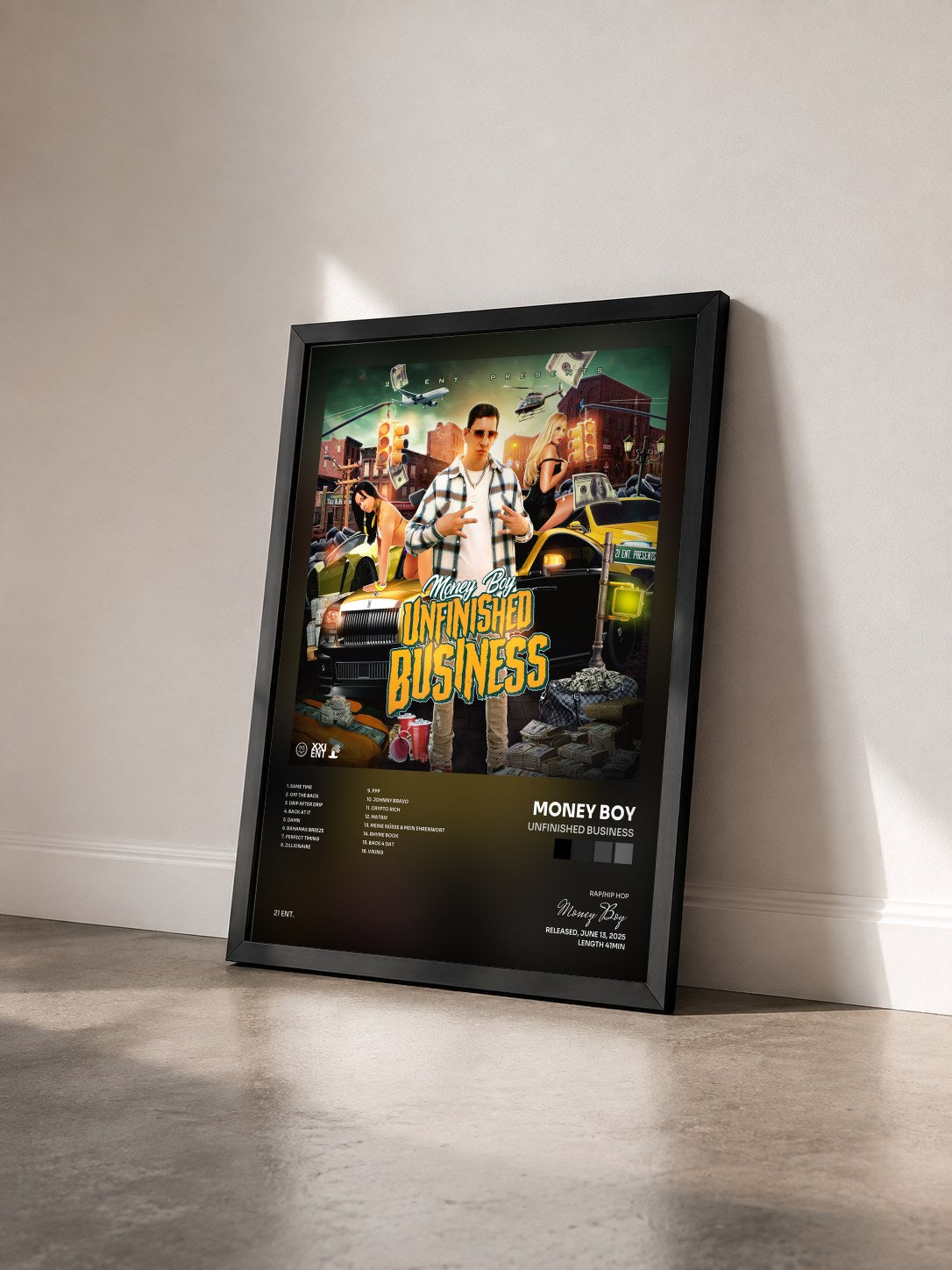 #noir Tableau de l'album Unfinished Business de Money Boy vu de trois quarts, cadre noir