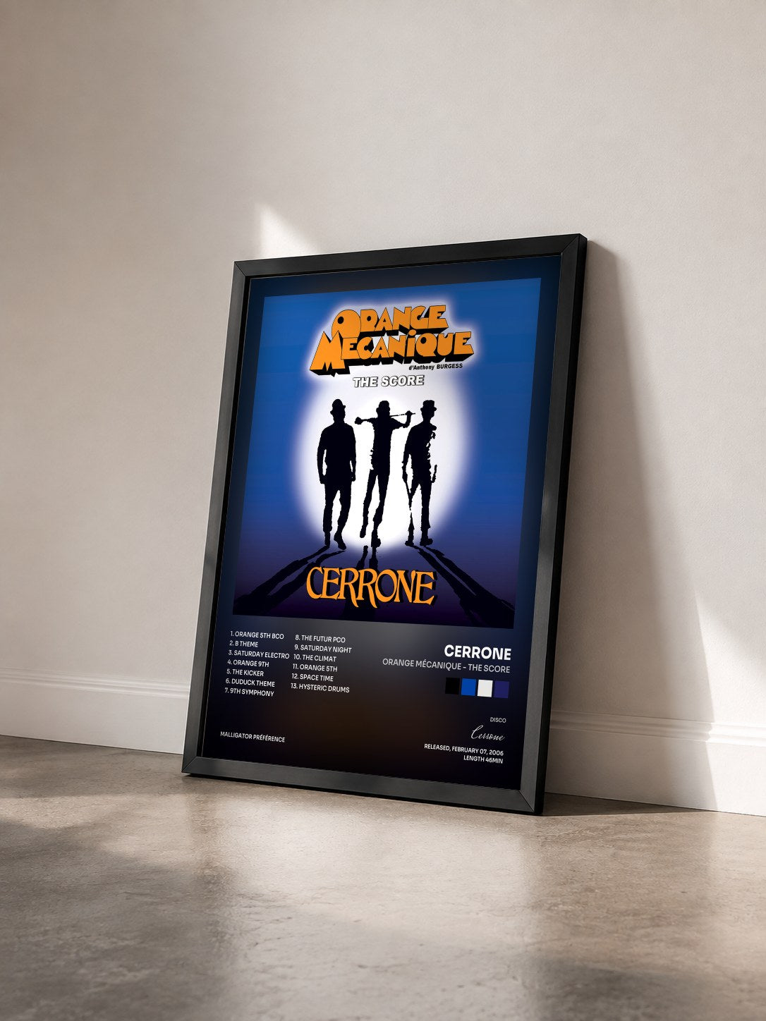 #noir Tableau de l'album Orange Mécanique - The Score de Cerrone vu de trois quarts, cadre noir