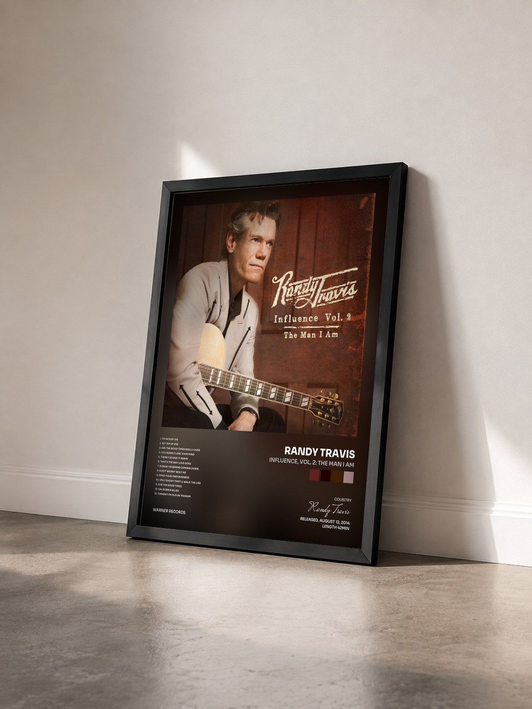 #noir Tableau de l'album Influence, Vol. 2: The Man I Am de Randy Travis vu de trois quarts, cadre noir