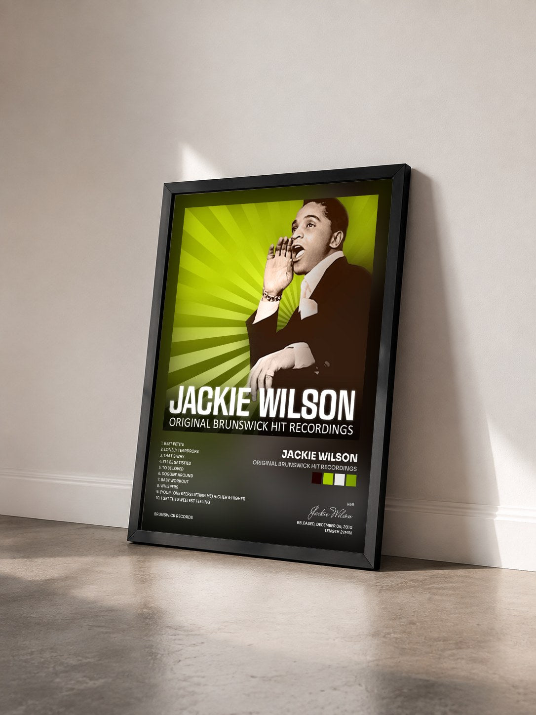 #noir Tableau de l'album Original Brunswick Hit Recordings de Jackie Wilson vu de trois quarts, cadre noir