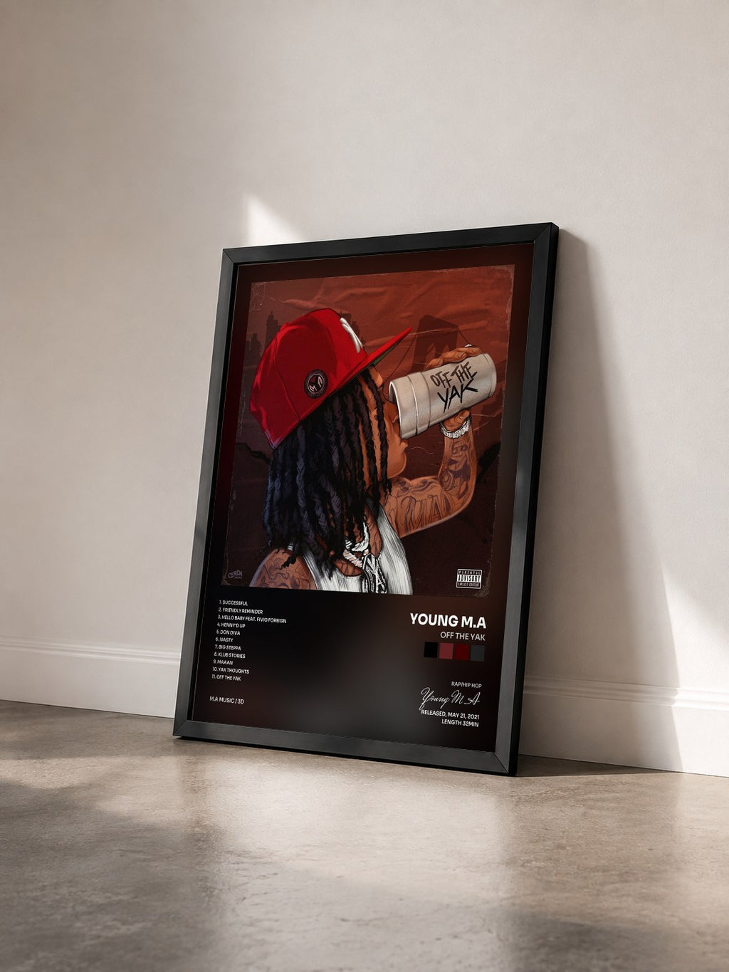 #noir Tableau de l'album Off the Yak de Young M.A vu de trois quarts, cadre noir