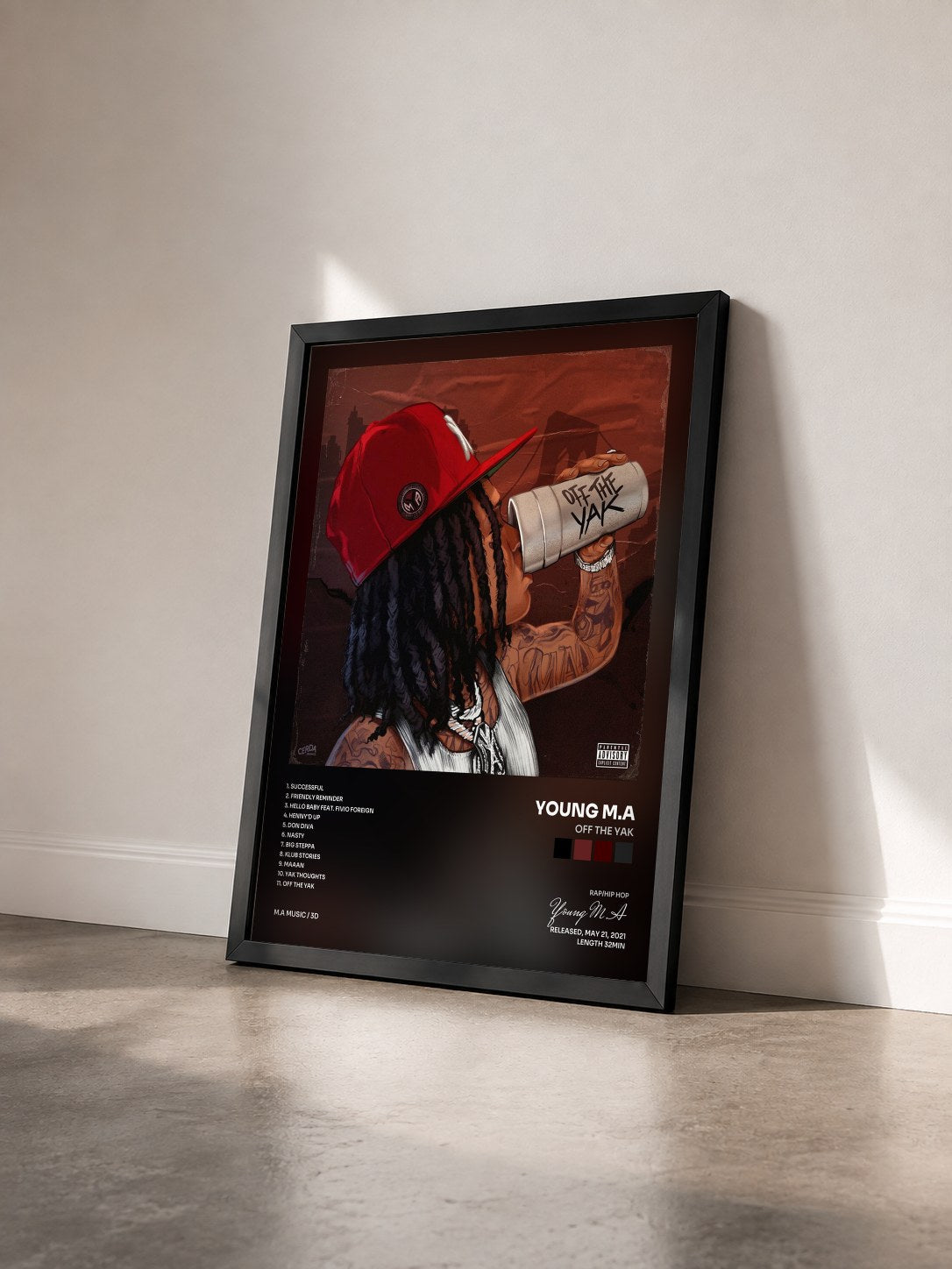 #noir Tableau de l'album Off the Yak de Young M.A vu de trois quarts, cadre noir