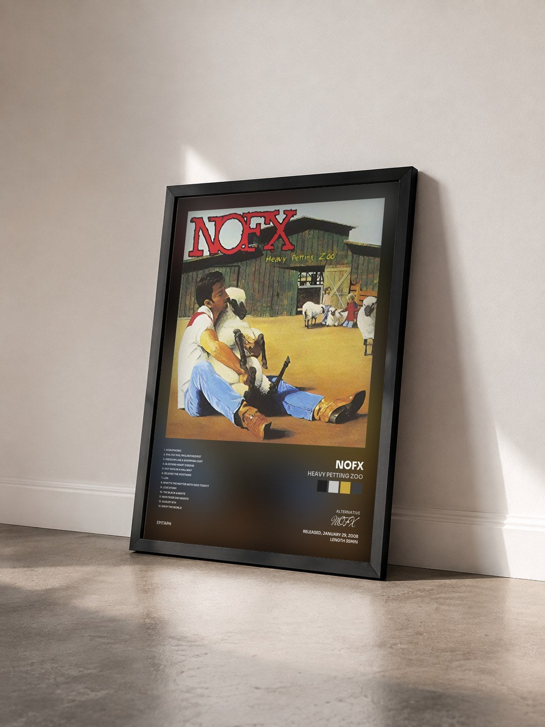 #noir Tableau de l'album Heavy Petting Zoo de NOFX vu de trois quarts, cadre noir