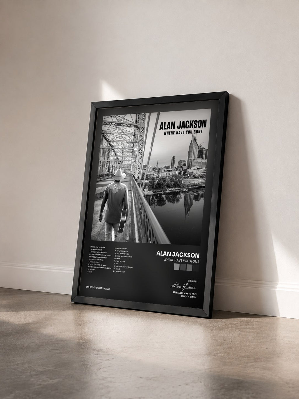 #noir Tableau de l'album Where Have You Gone de Alan Jackson vu de trois quarts, cadre noir