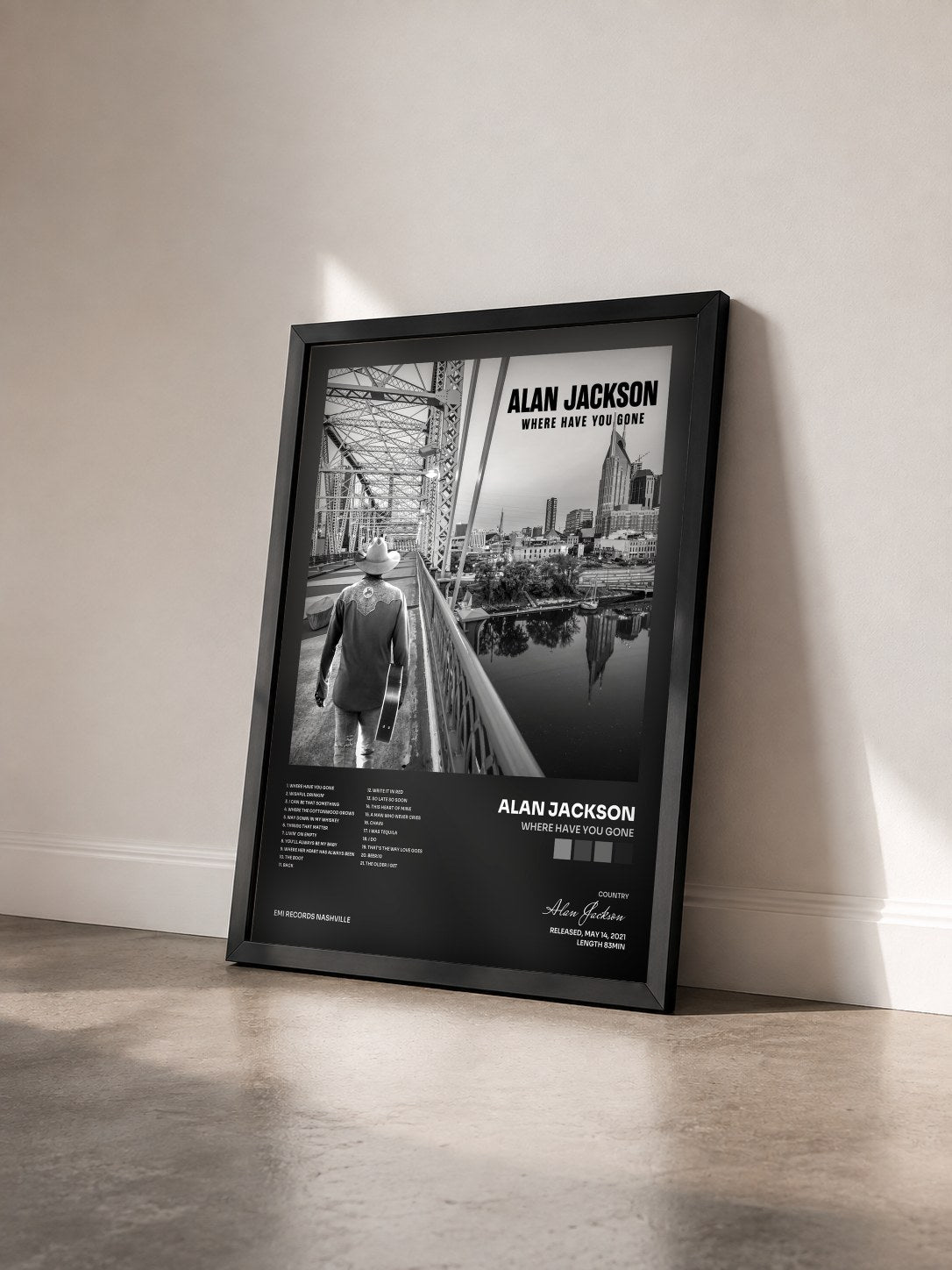#noir Tableau de l'album Where Have You Gone de Alan Jackson vu de trois quarts, cadre noir