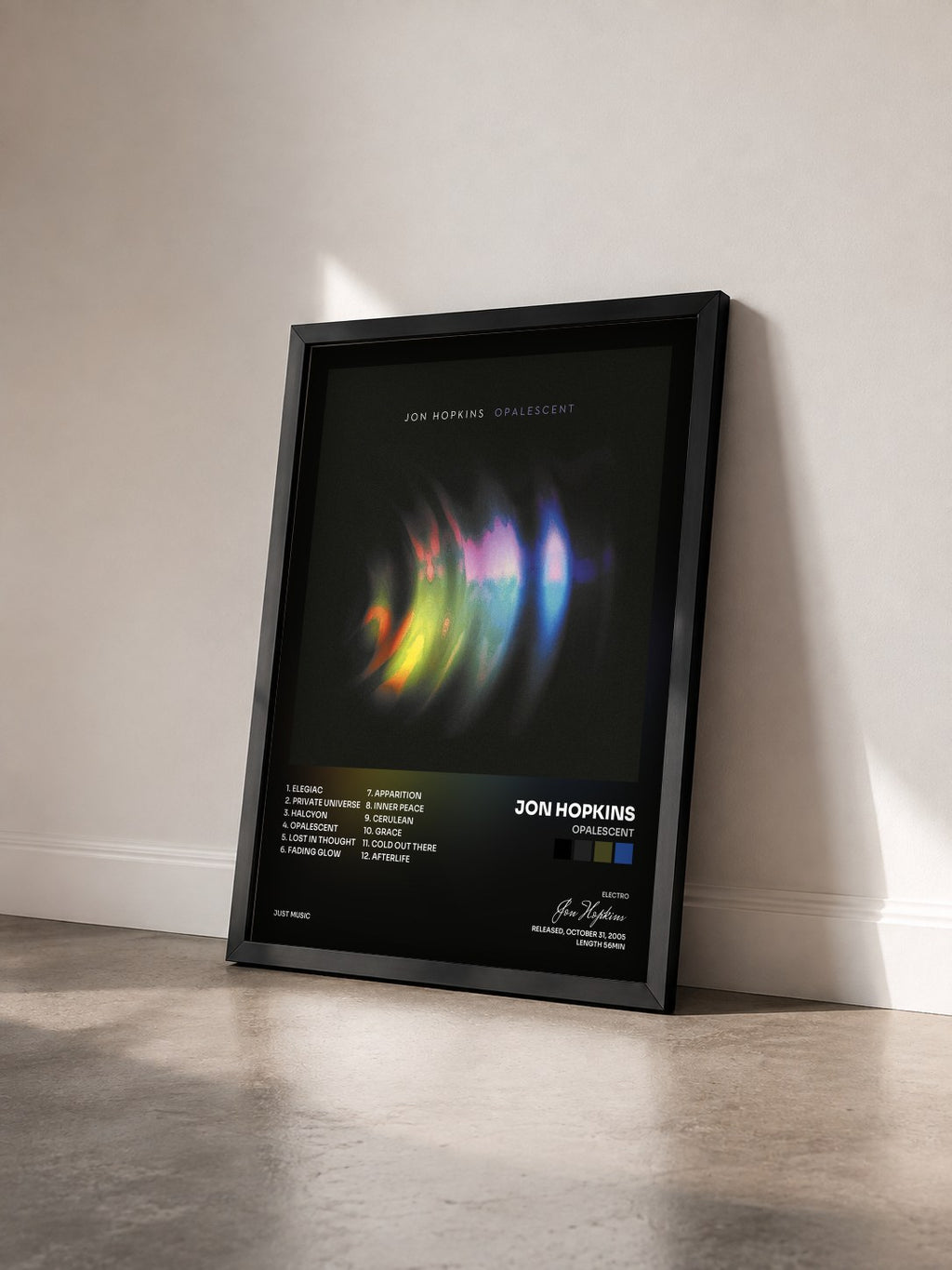#noir Tableau de l'album Opalescent de Jon Hopkins vu de trois quarts, cadre noir