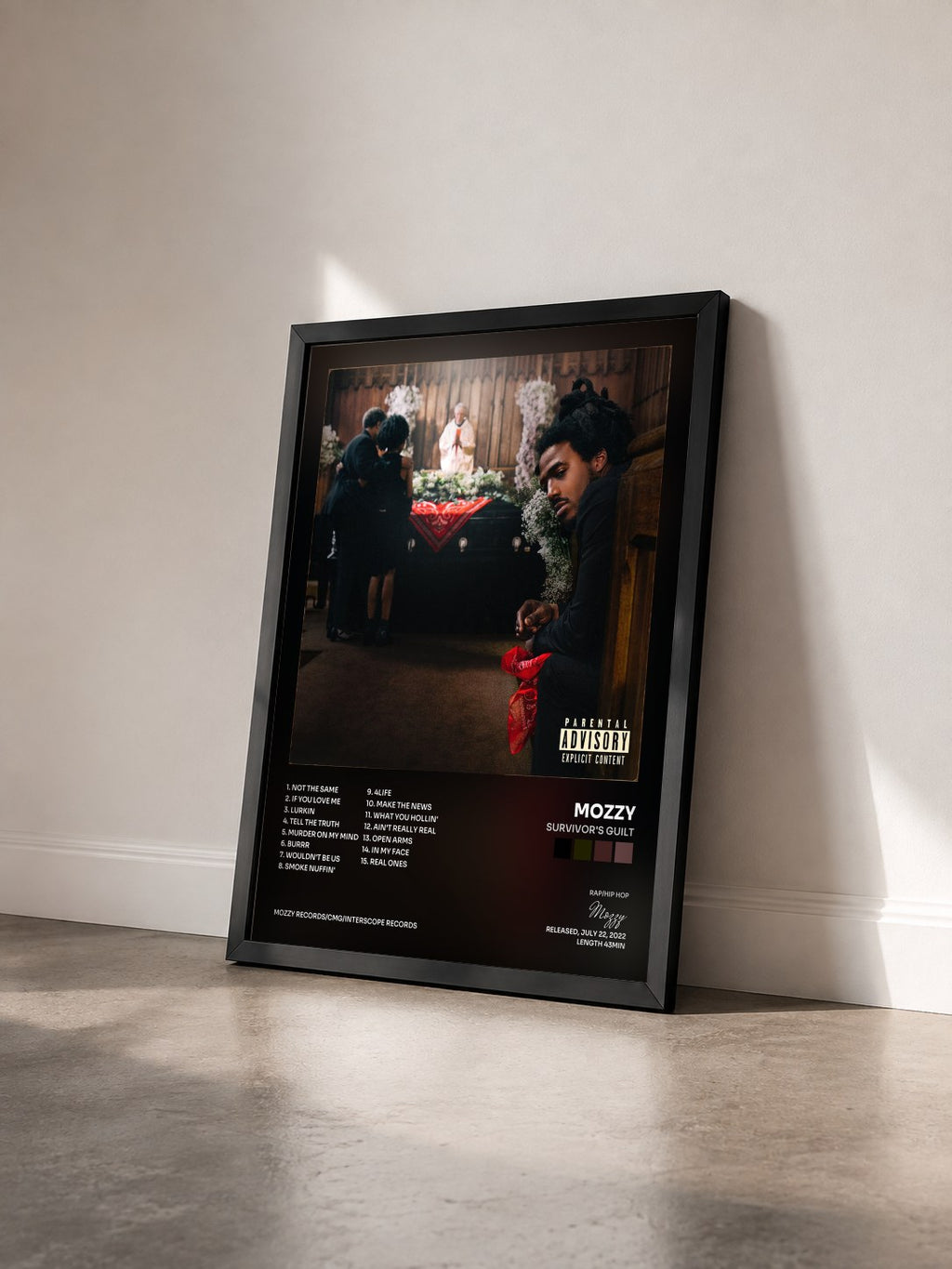 #noir Tableau de l'album Survivor's Guilt de Mozzy vu de trois quarts, cadre noir